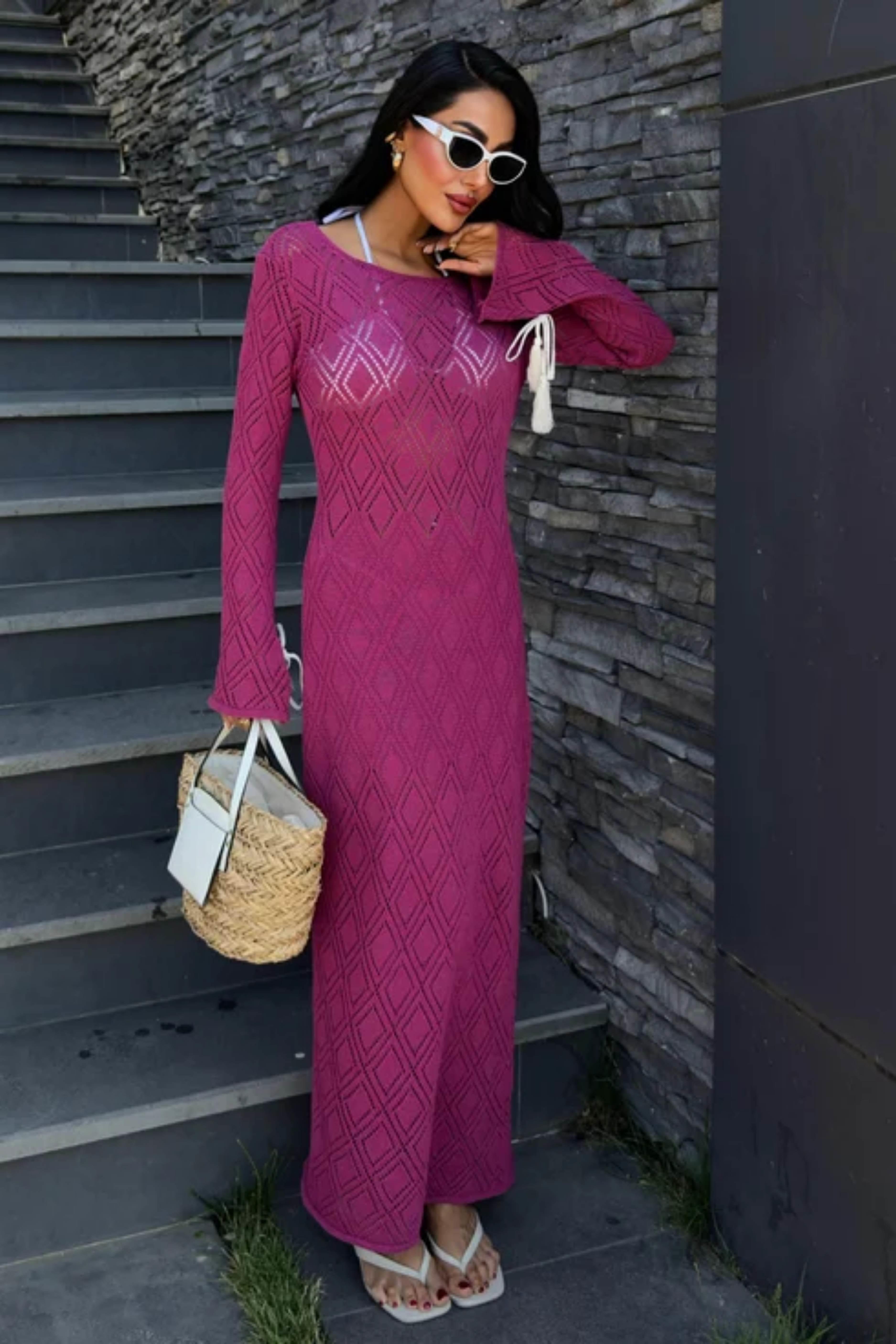 Püskül Bağcık Detaylı V Yaka Ajurlu Elbise 2850 R1-J-K2