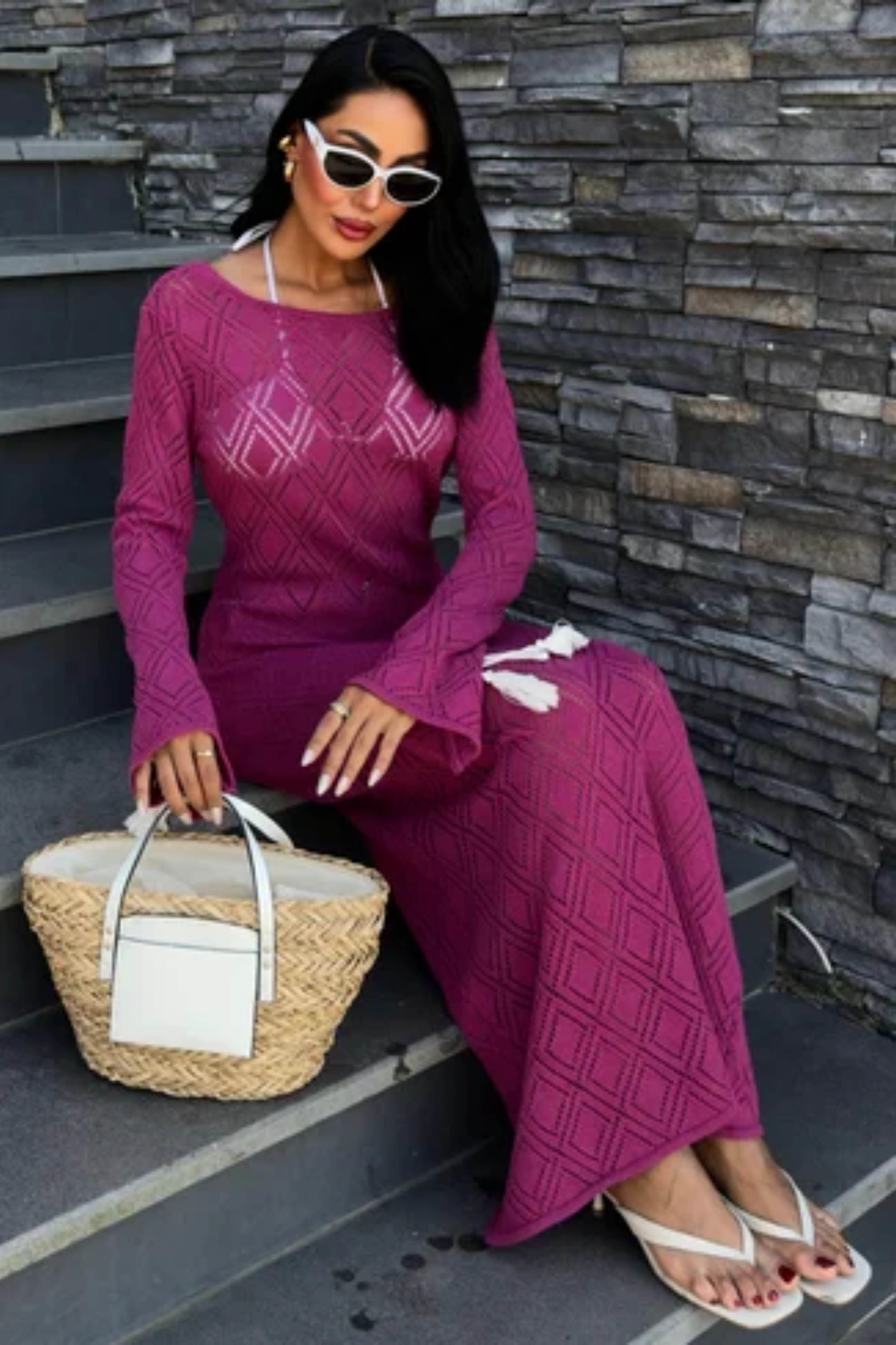 Püskül Bağcık Detaylı V Yaka Ajurlu Elbise 2850 R1-J-K2