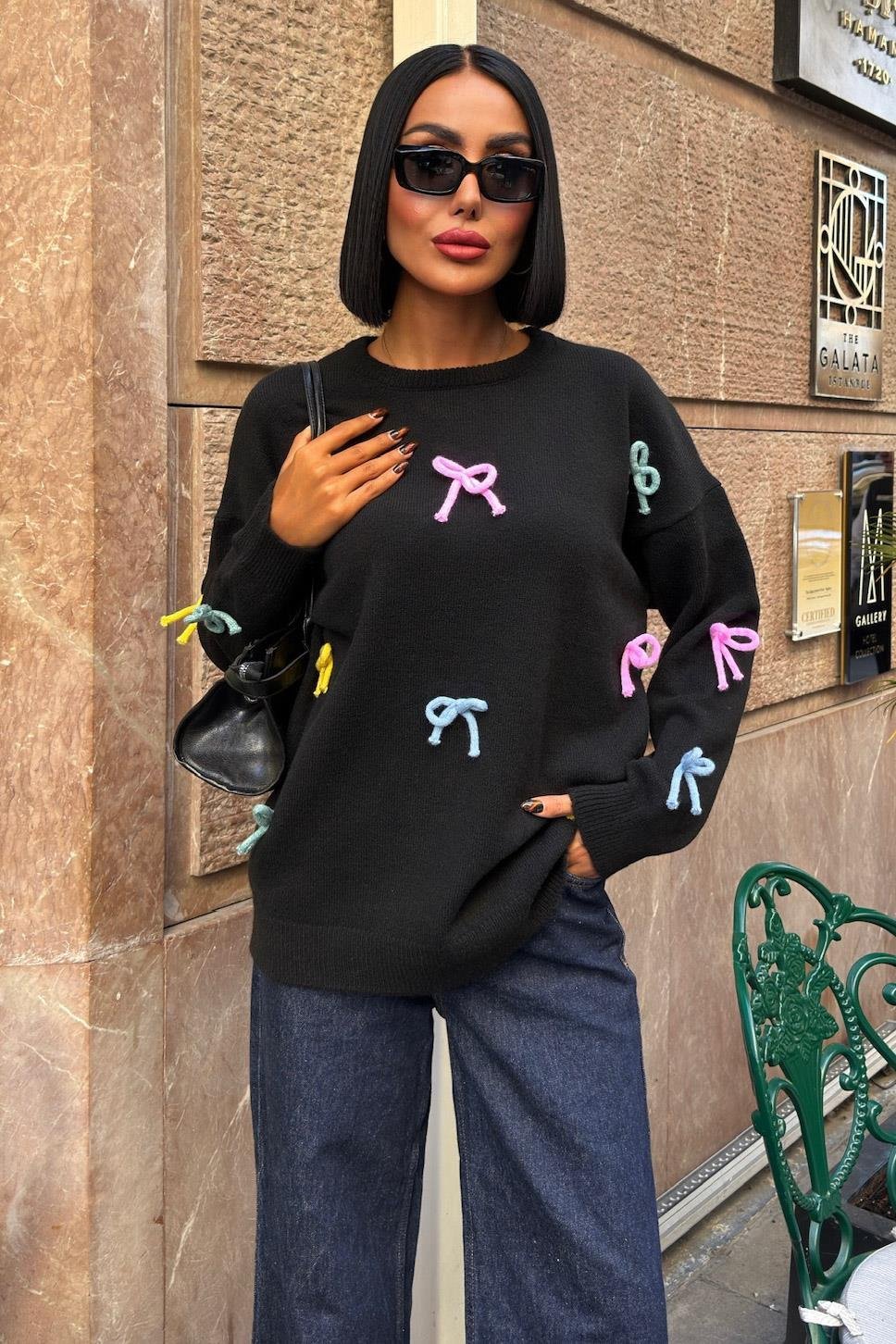 Renkli Fiyonk Detaylı Triko Kazak 1372 R3-A-K1