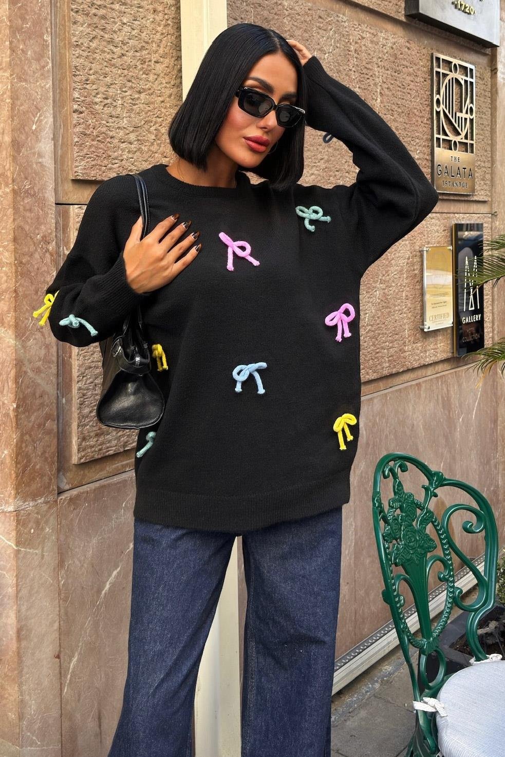 Renkli Fiyonk Detaylı Triko Kazak 1372 R3-A-K1