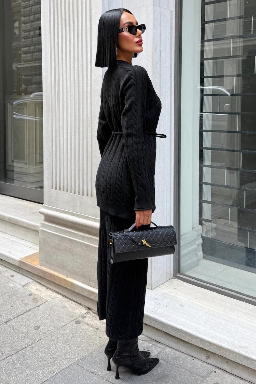 Saç Örgü Desenli Kuşaklı Triko Takım 10218 R1-C-K1