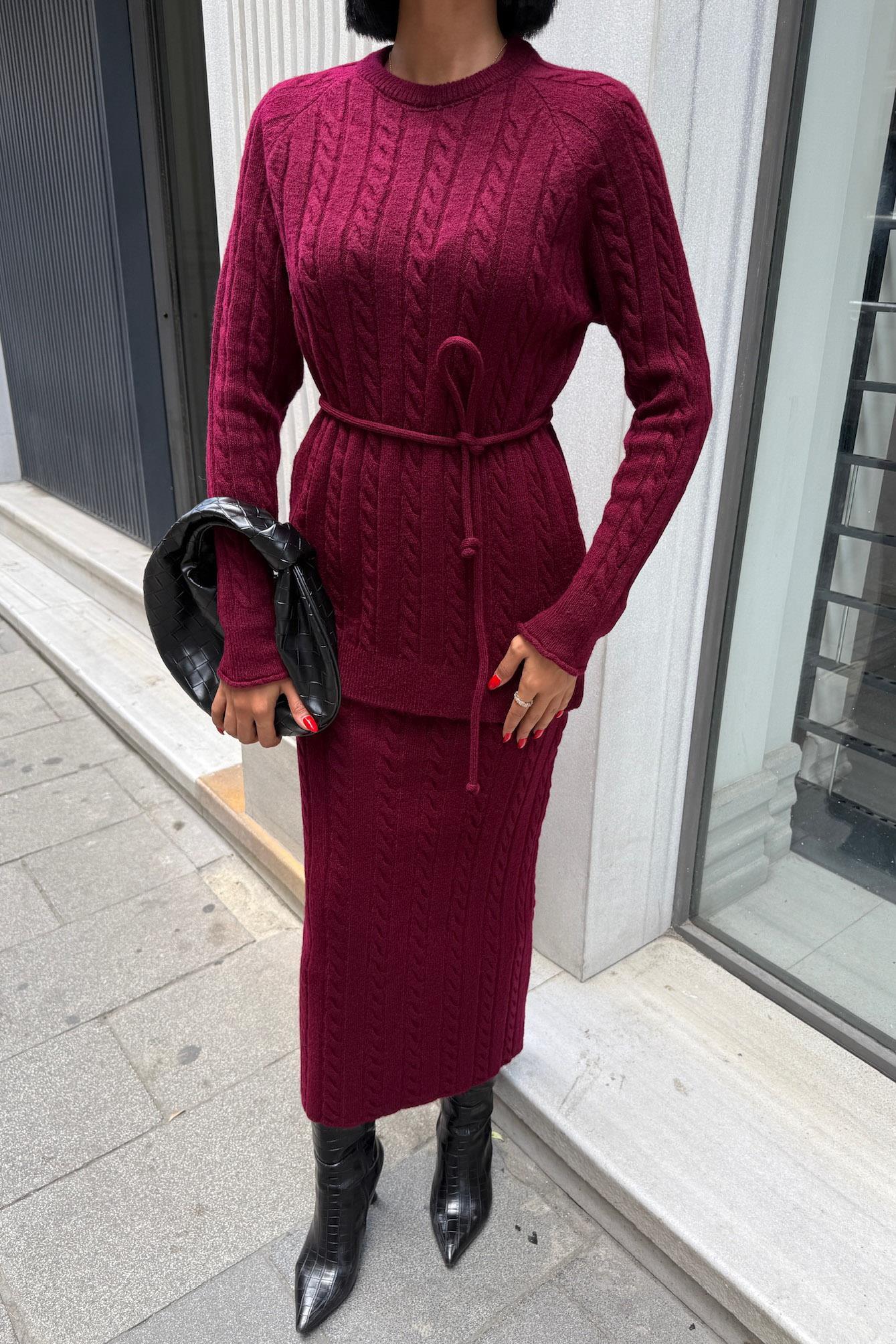 Saç Örgü Desenli Kuşaklı Triko Takım 10218 R1-C-K1