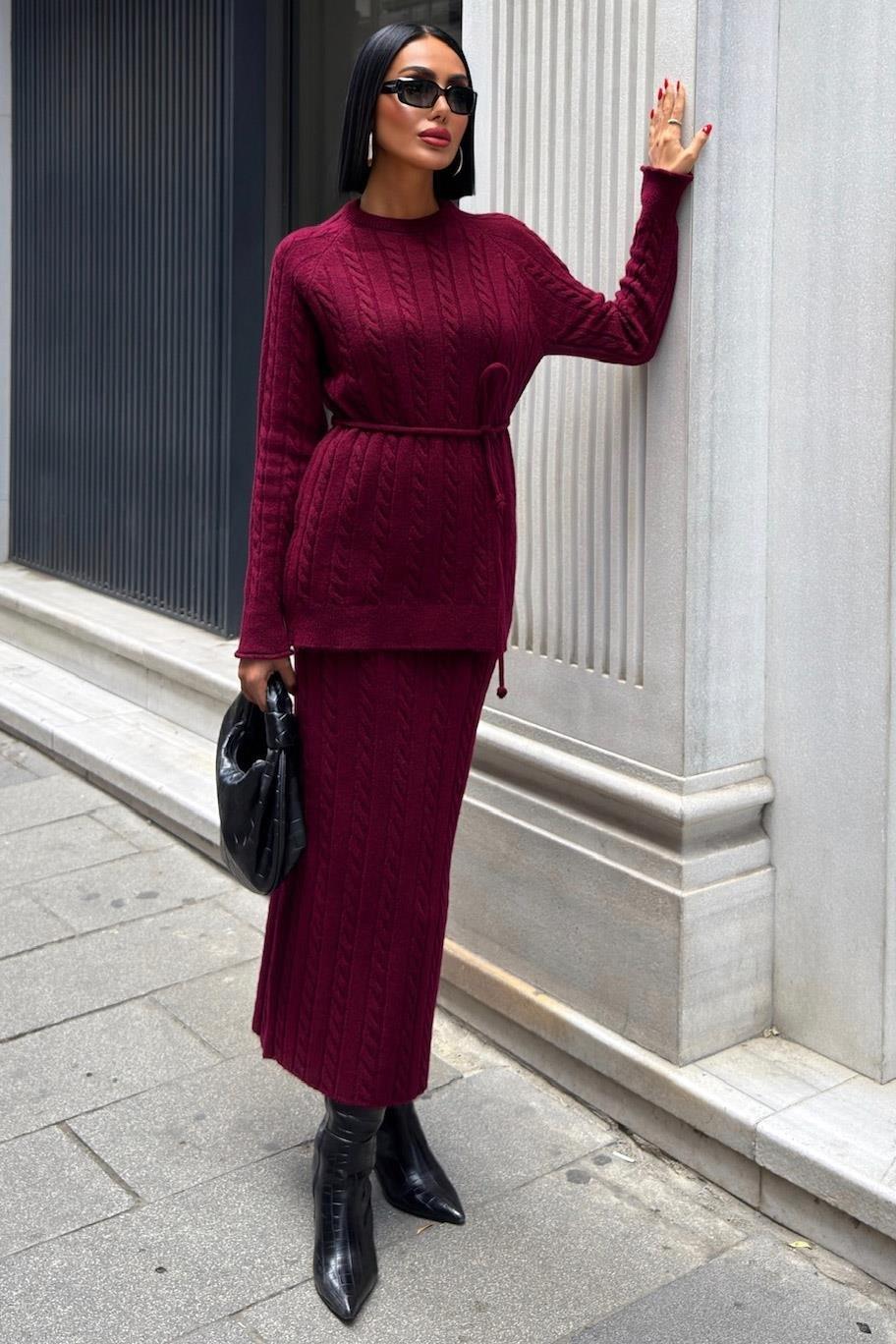 Saç Örgü Desenli Kuşaklı Triko Takım 10218 R1-C-K1