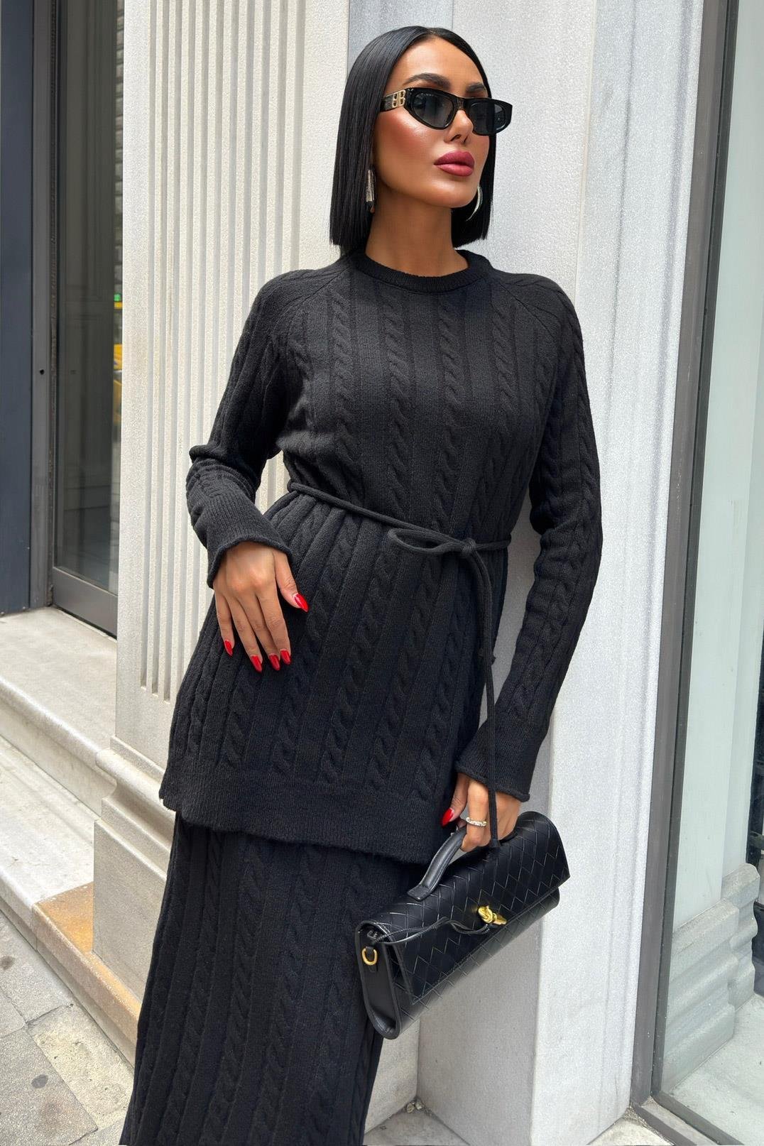 Saç Örgü Desenli Kuşaklı Triko Takım 10218 R1-C-K1