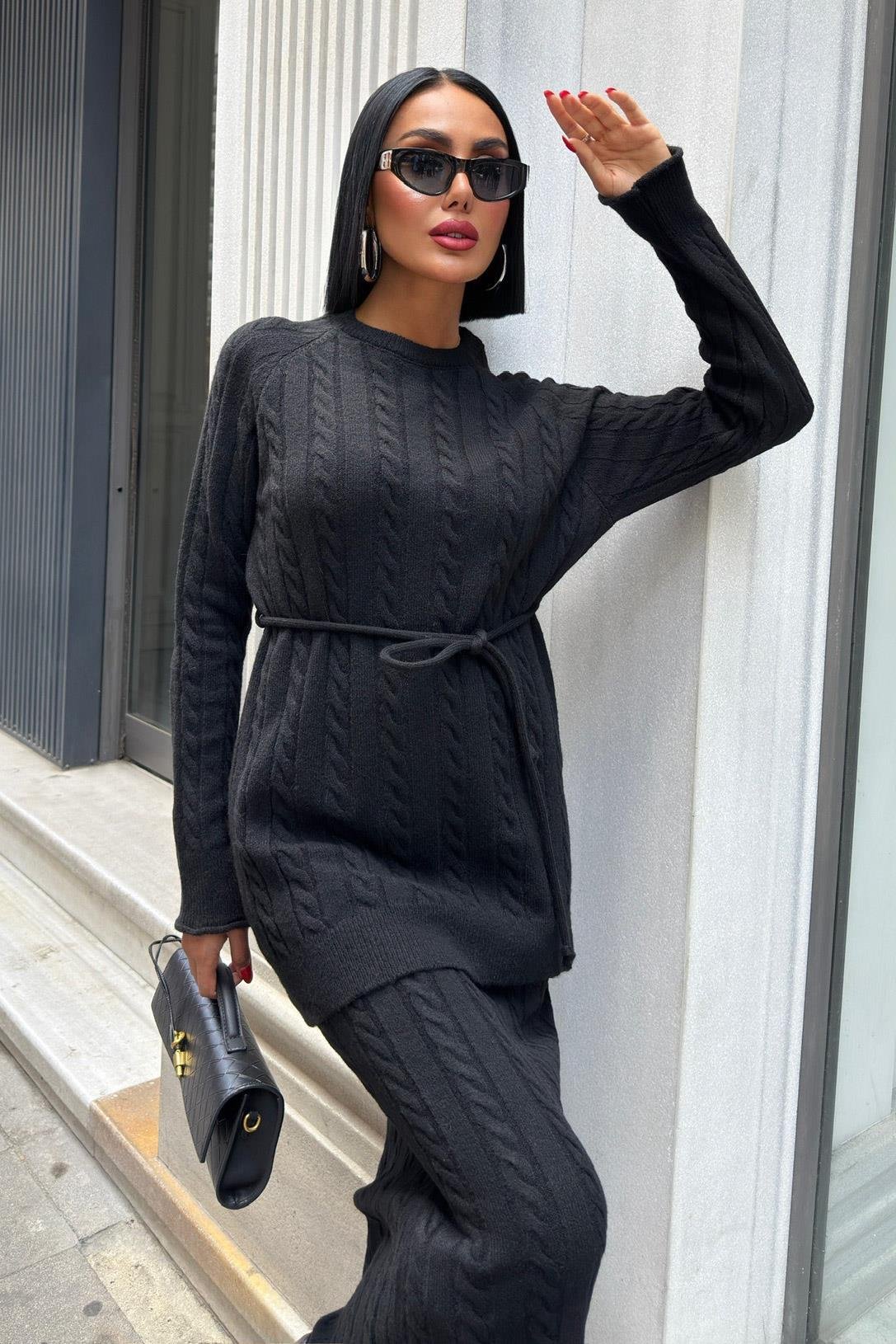 Saç Örgü Desenli Kuşaklı Triko Takım 10218 R1-C-K1