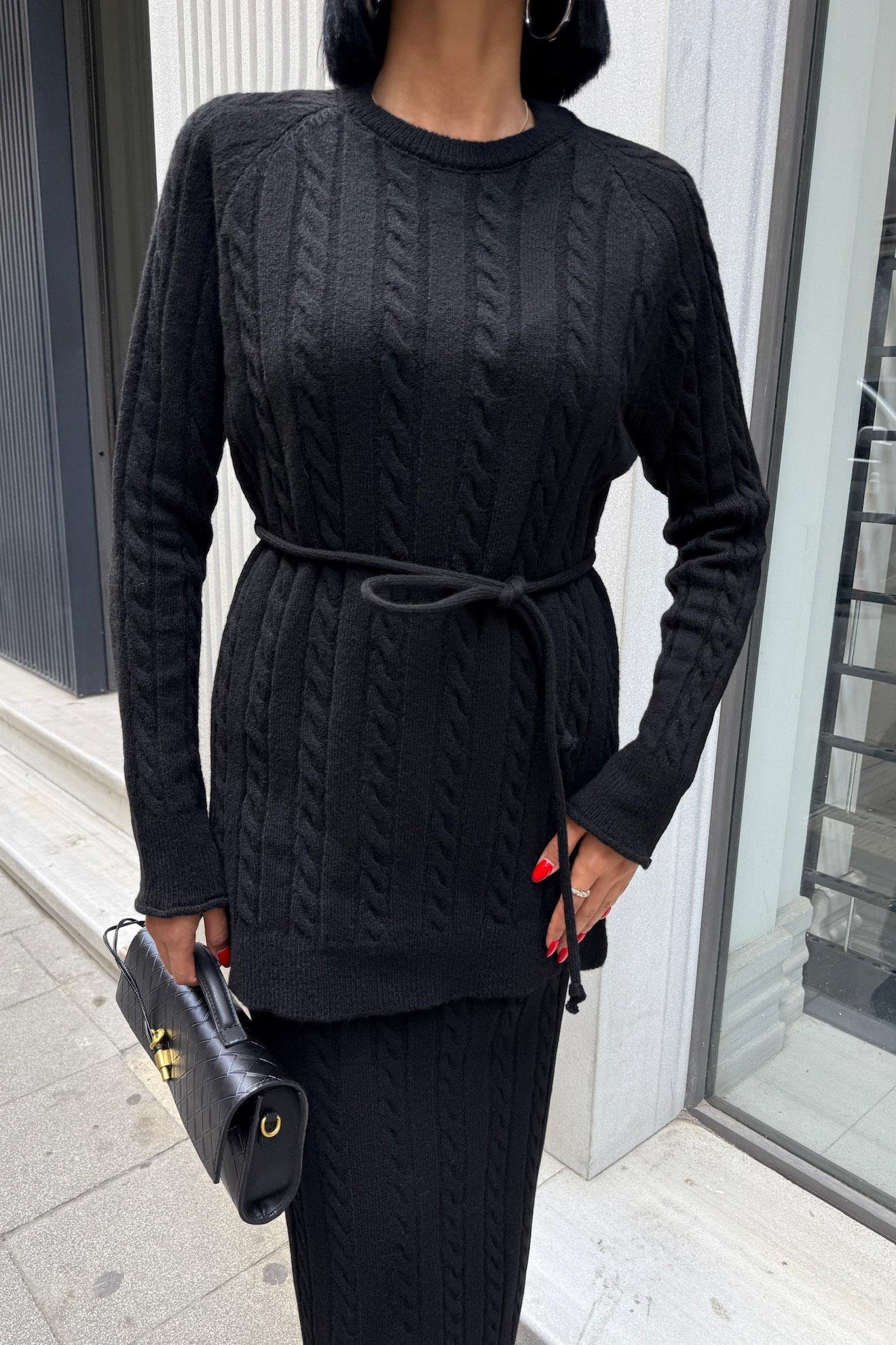 Saç Örgü Desenli Kuşaklı Triko Takım 10218 R1-C-K1