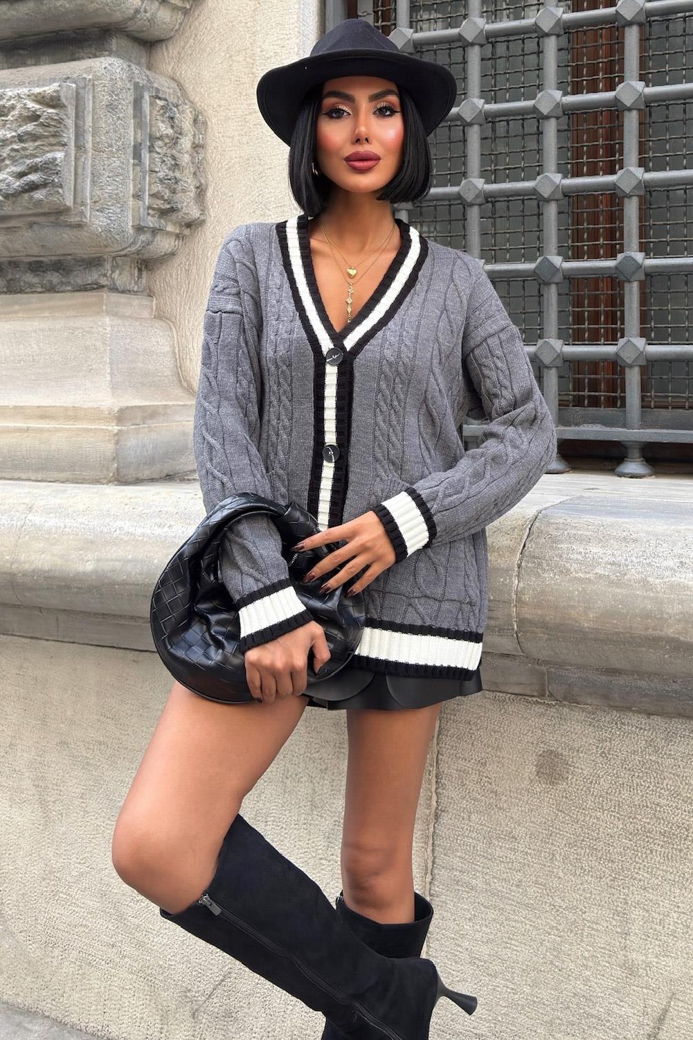 Saç Örgü Desenli Triko Hırka 5183 R1-G-K3