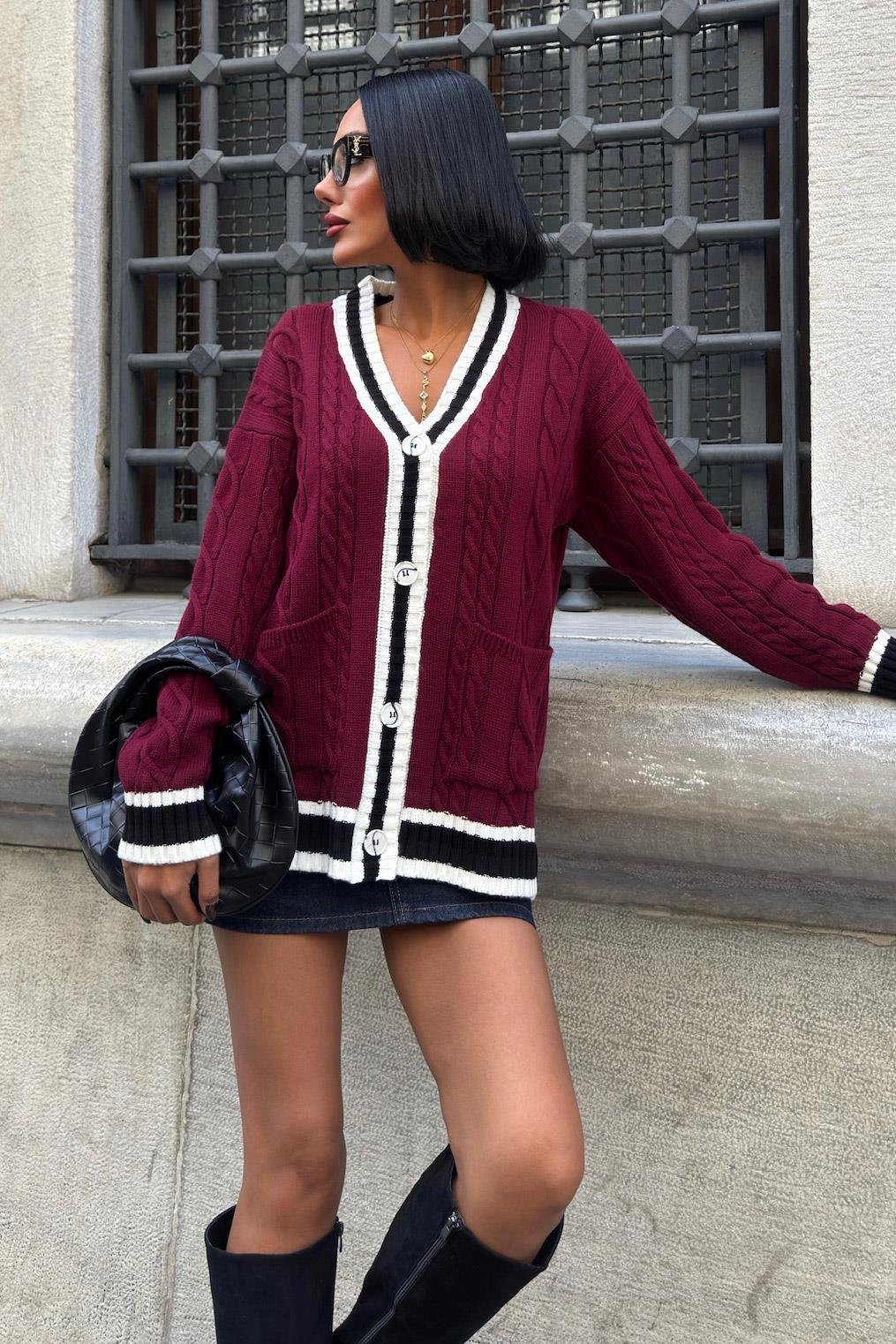 Saç Örgü Desenli Triko Hırka 5183 R1-G-K3