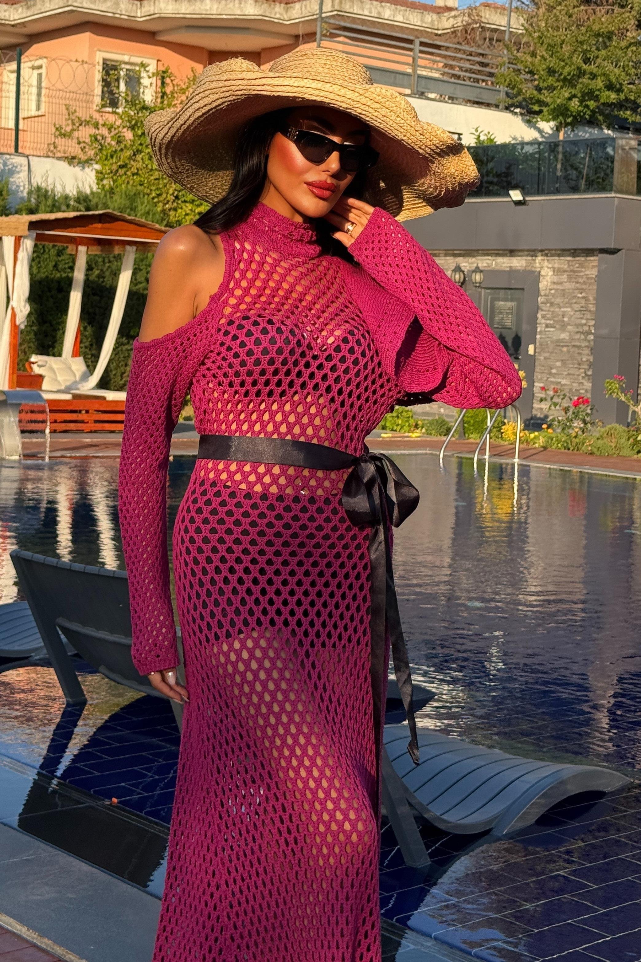 Saten Kuşaklı Ajurlu Triko Elbise 2847 R1-O-K3