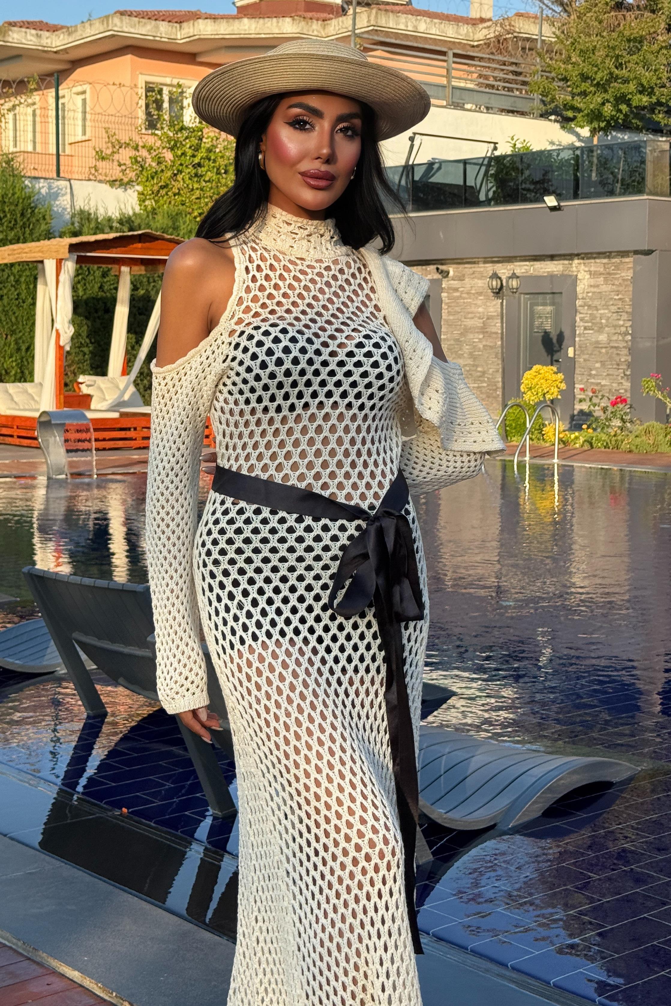 Saten Kuşaklı Ajurlu Triko Elbise 2847 R1-O-K3