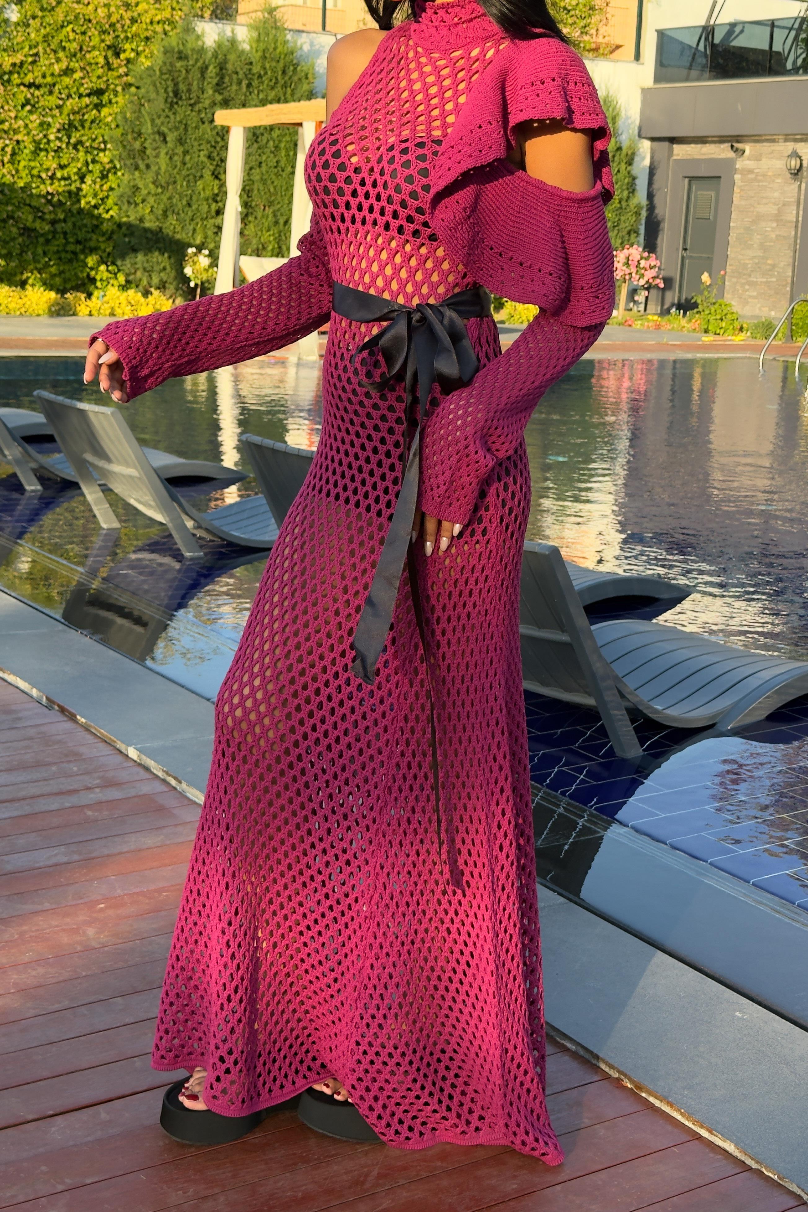 Saten Kuşaklı Ajurlu Triko Elbise 2847 R1-O-K3