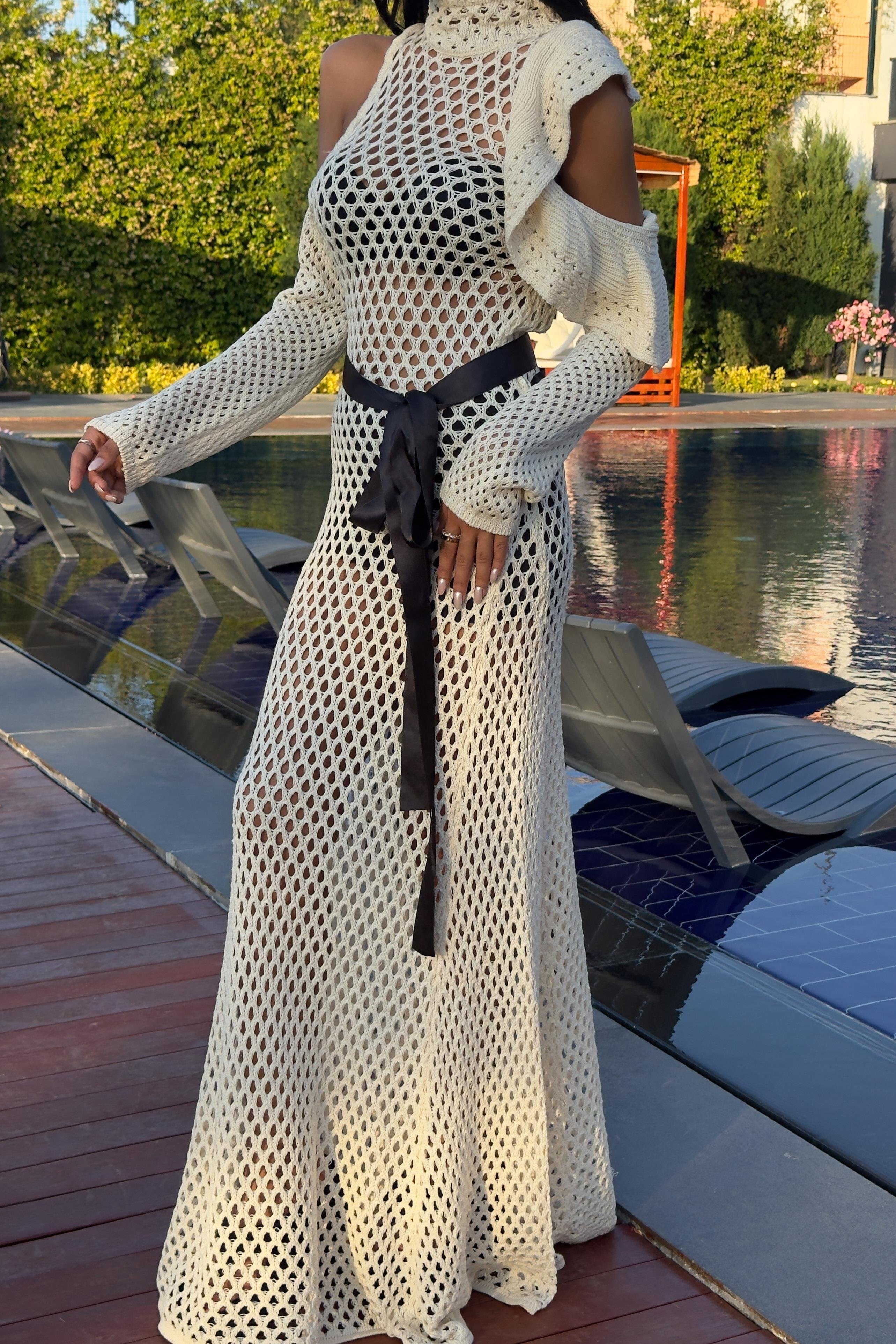 Saten Kuşaklı Ajurlu Triko Elbise 2847 R1-O-K3