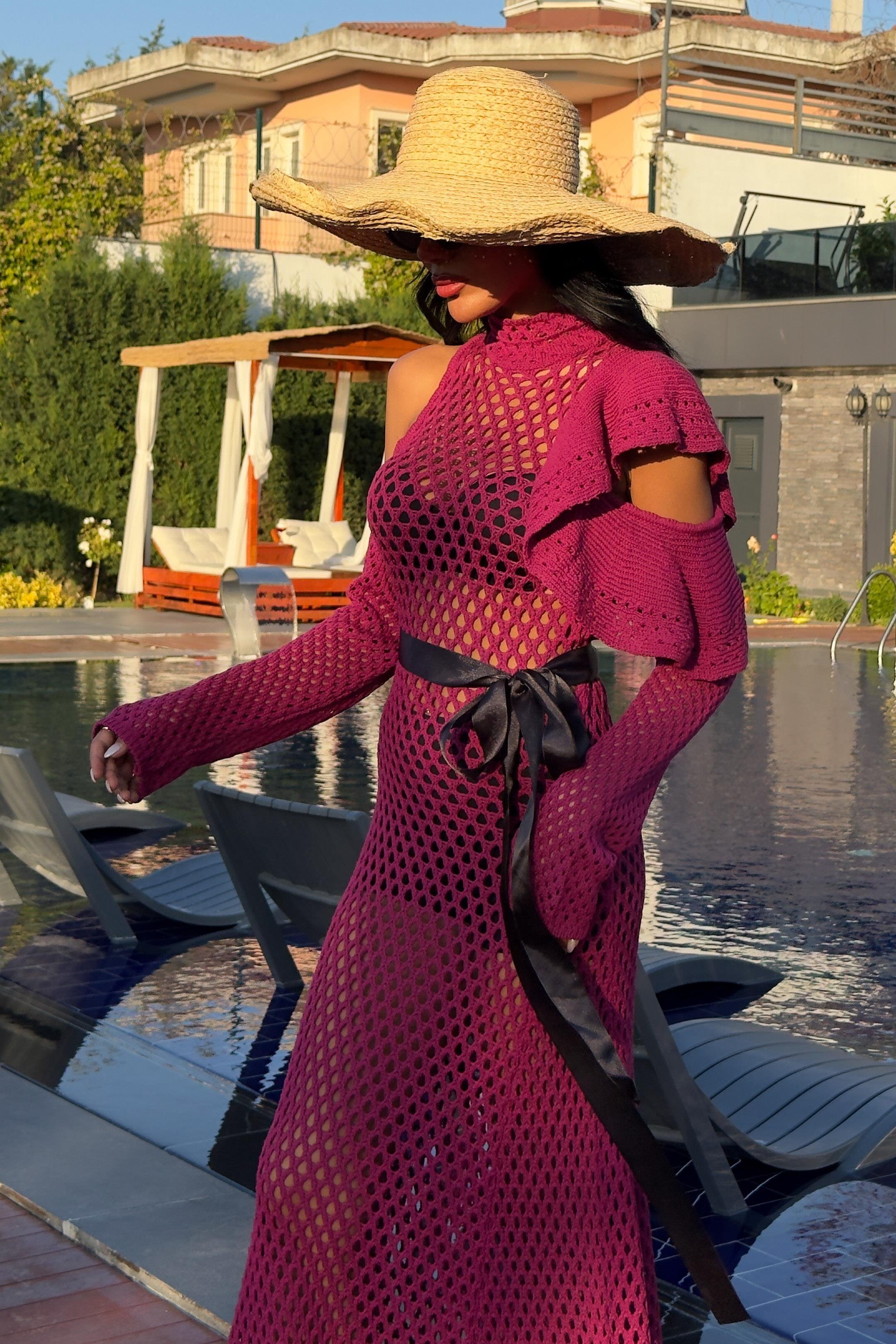 Saten Kuşaklı Ajurlu Triko Elbise 2847 R1-O-K3