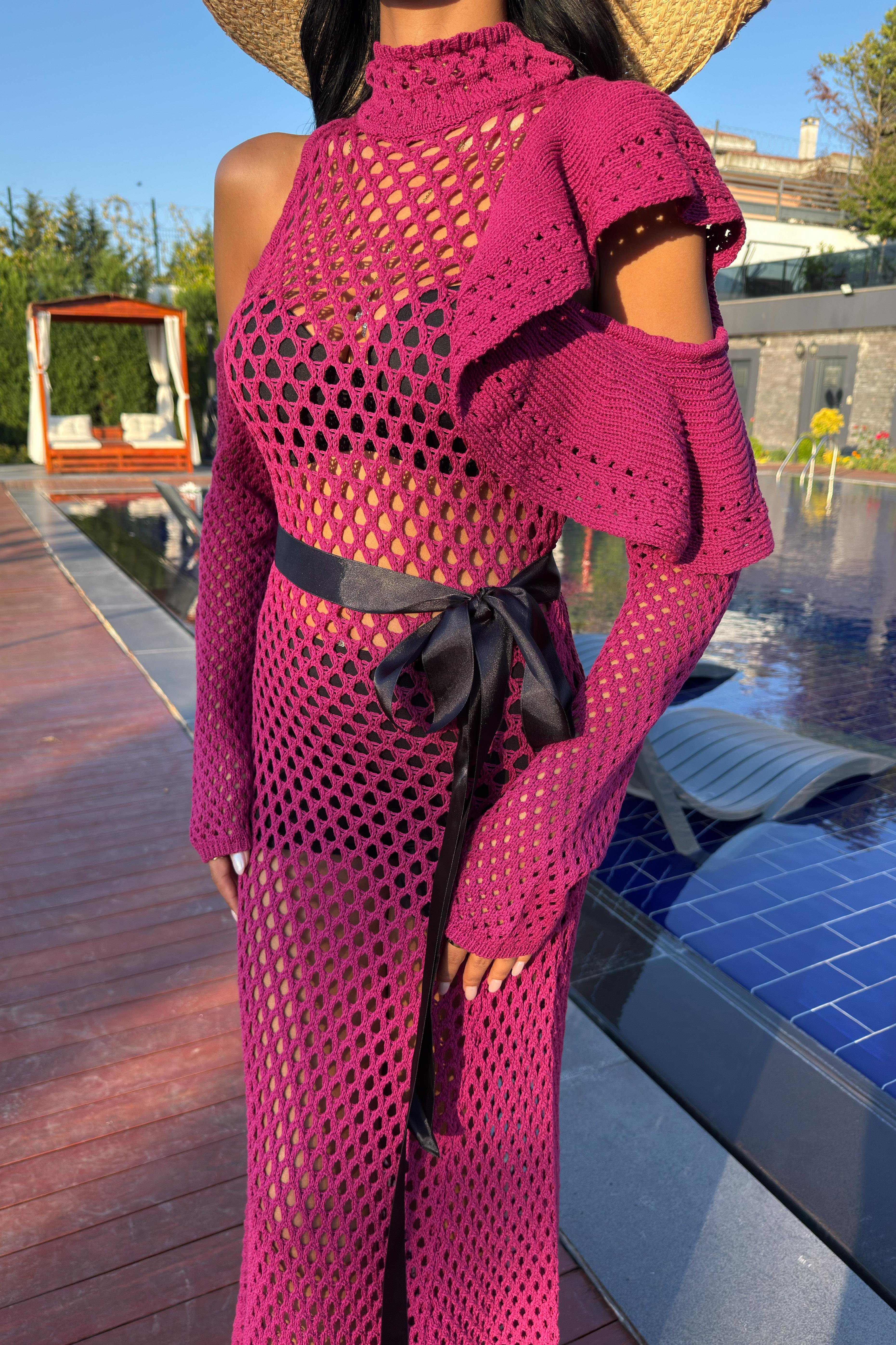 Saten Kuşaklı Ajurlu Triko Elbise 2847 R1-O-K3