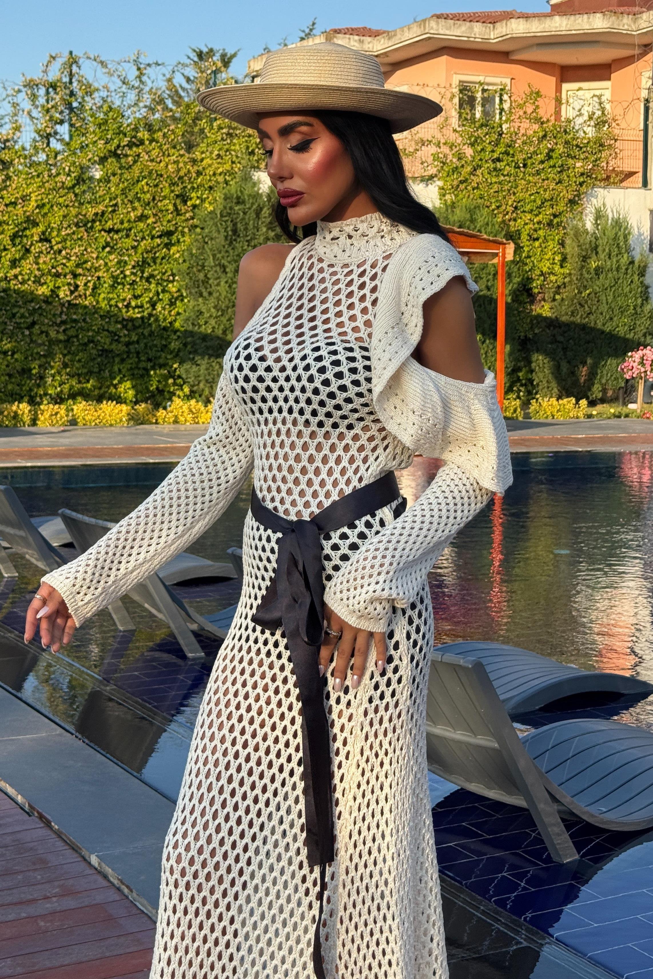 Saten Kuşaklı Ajurlu Triko Elbise 2847 R1-O-K3