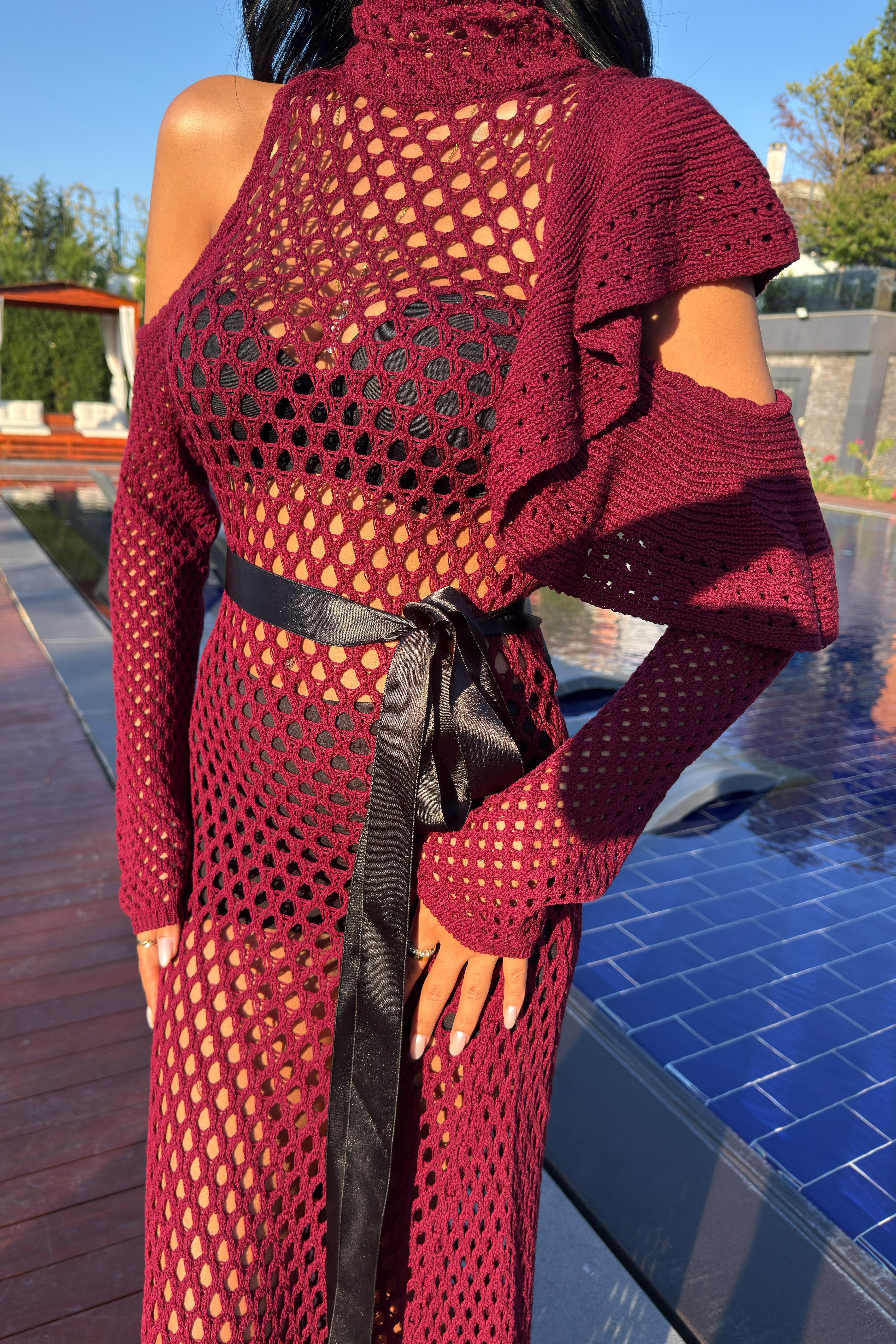 Saten Kuşaklı Ajurlu Triko Elbise 2847 R1-O-K3