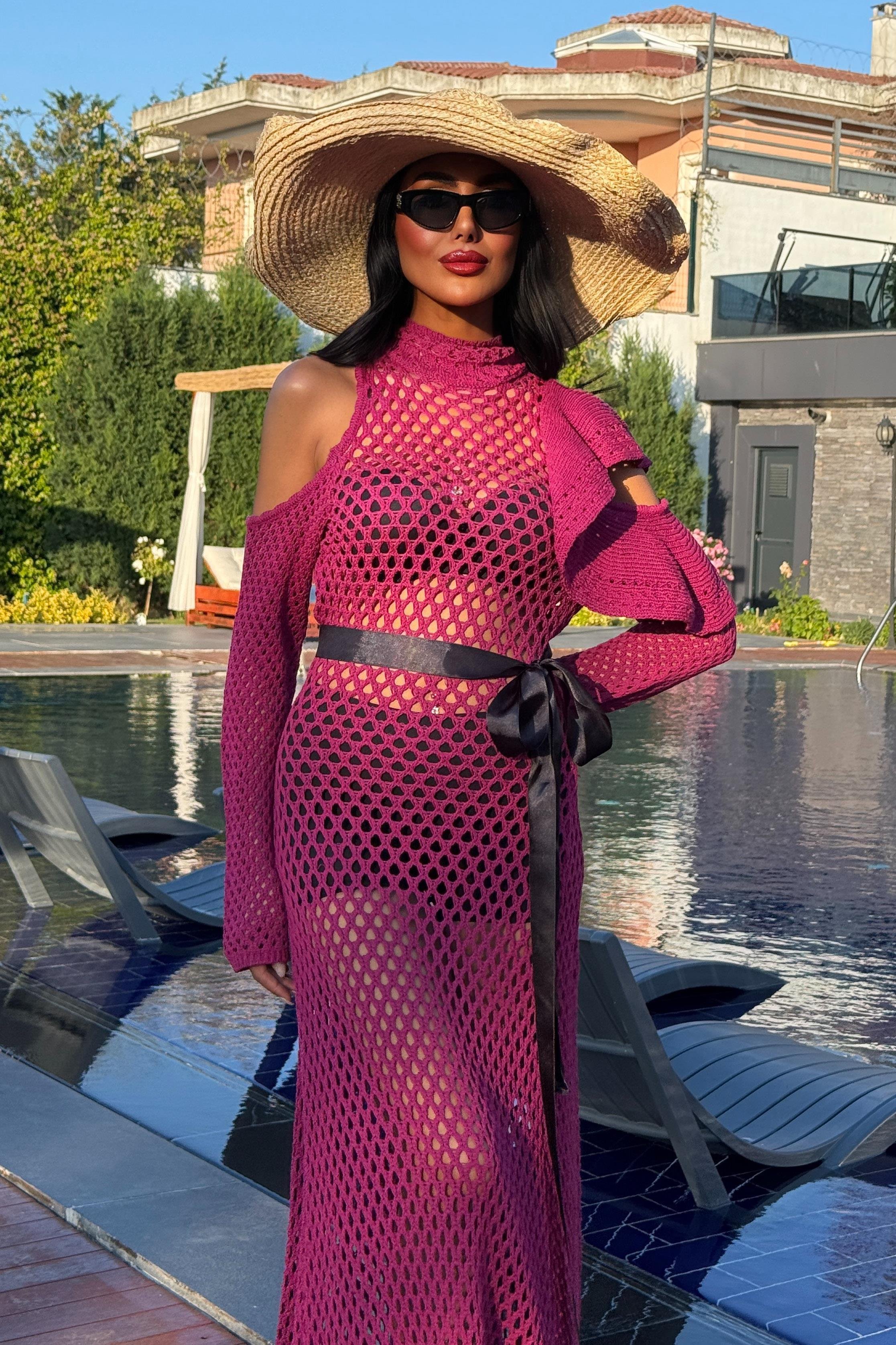 Saten Kuşaklı Ajurlu Triko Elbise 2847 R1-O-K3