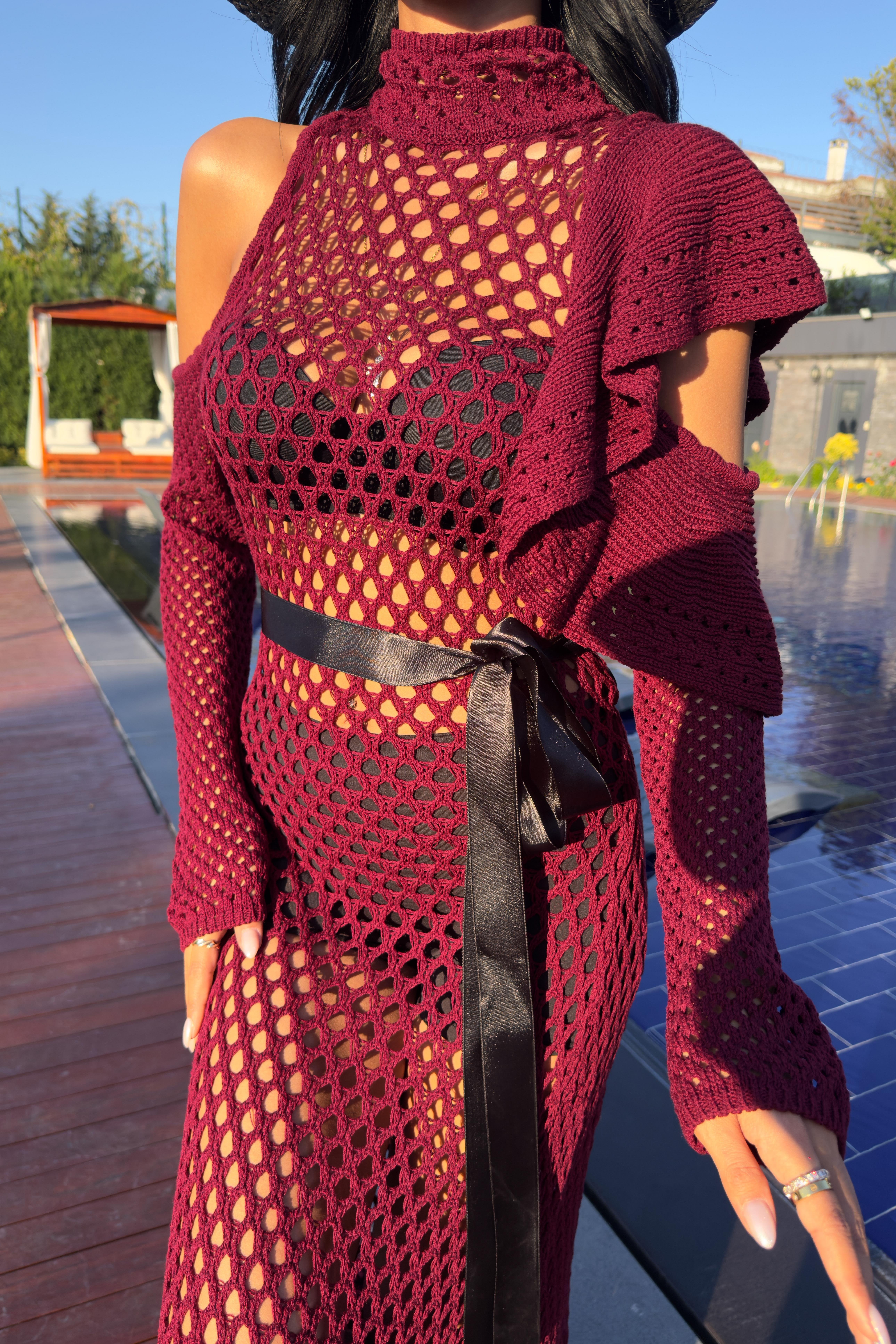 Saten Kuşaklı Ajurlu Triko Elbise 2847 R1-O-K3