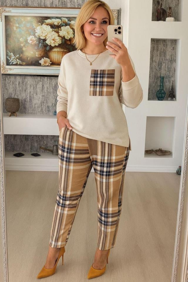 Scuba Dalgıç Kumaş Ekose Desen Pantolon Bluz Ikili Takım