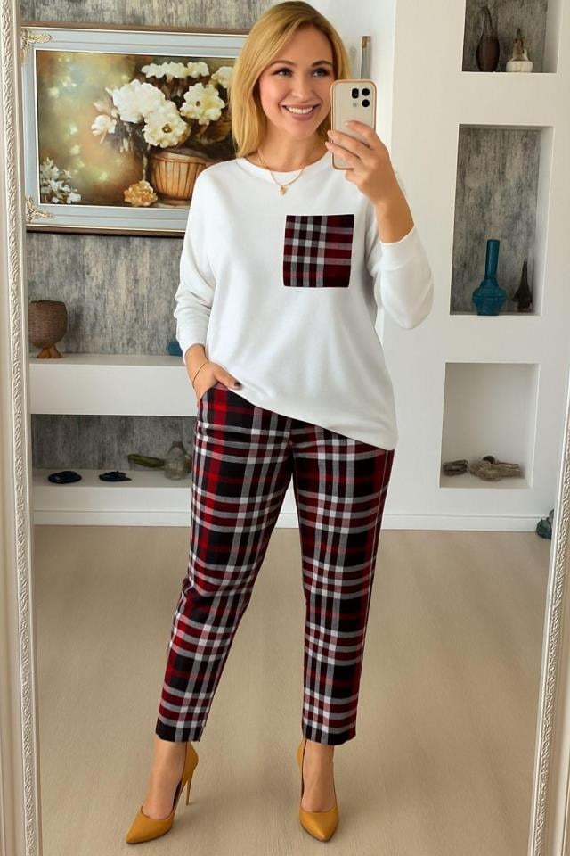 Scuba Dalgıç Kumaş Ekose Desen Pantolon Bluz Ikili Takım