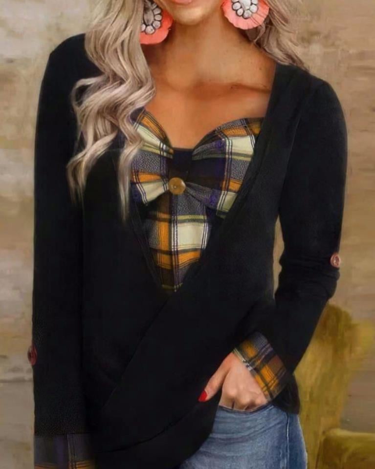 Scuba Dalgıç Kumaş Ekose Ve Düğme Detay Bluz