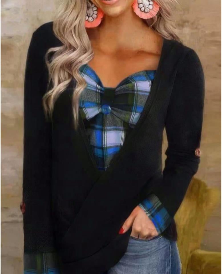 Scuba Dalgıç Kumaş Ekose Ve Düğme Detay Bluz