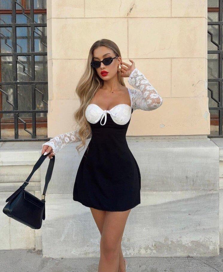 Scuba Dalgıç Kumaş Fransız Dantel Detay Elbise