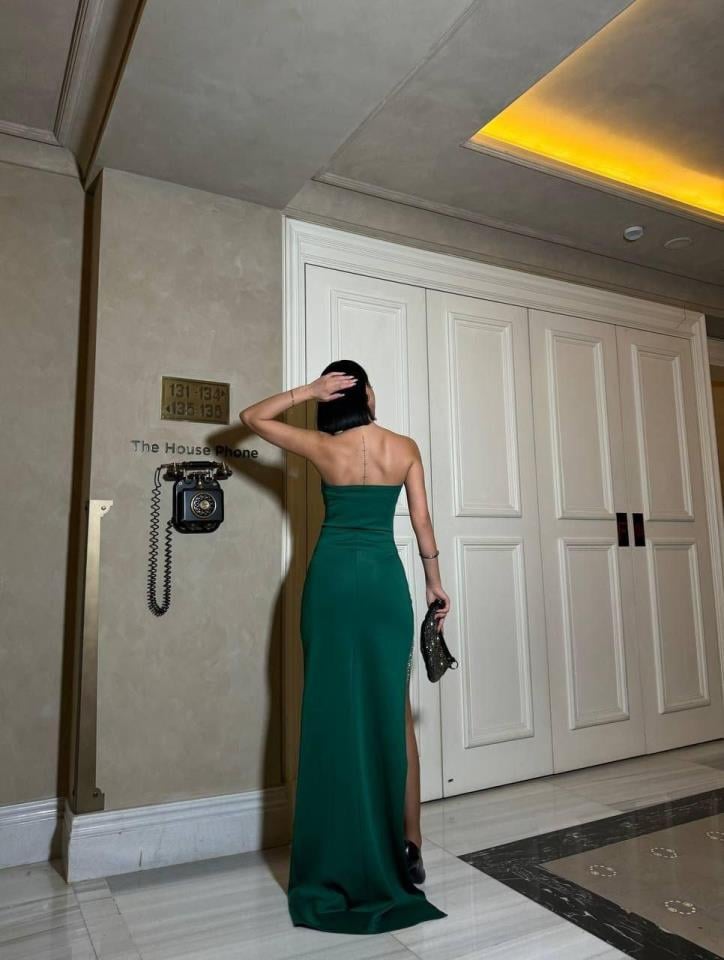 Scuba Dalgıç Kumaş Ithal Taş Detaylı Yırtmaçlı Elbise