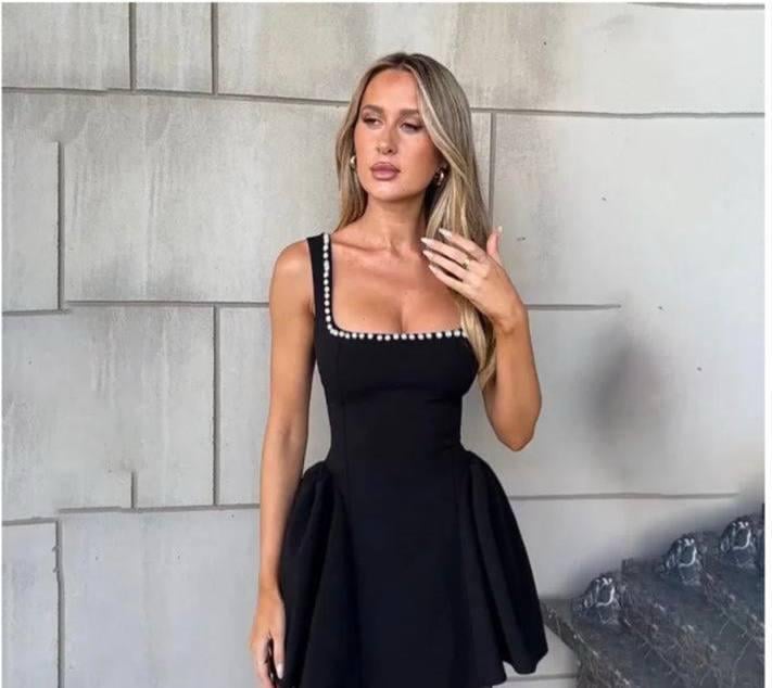 Scuba Dalgıç Kumaş Yanları Pileli Inci çakımlı Elbise