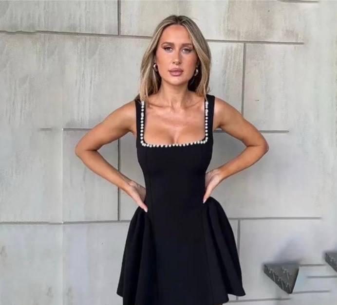 Scuba Dalgıç Kumaş Yanları Pileli Inci çakımlı Elbise