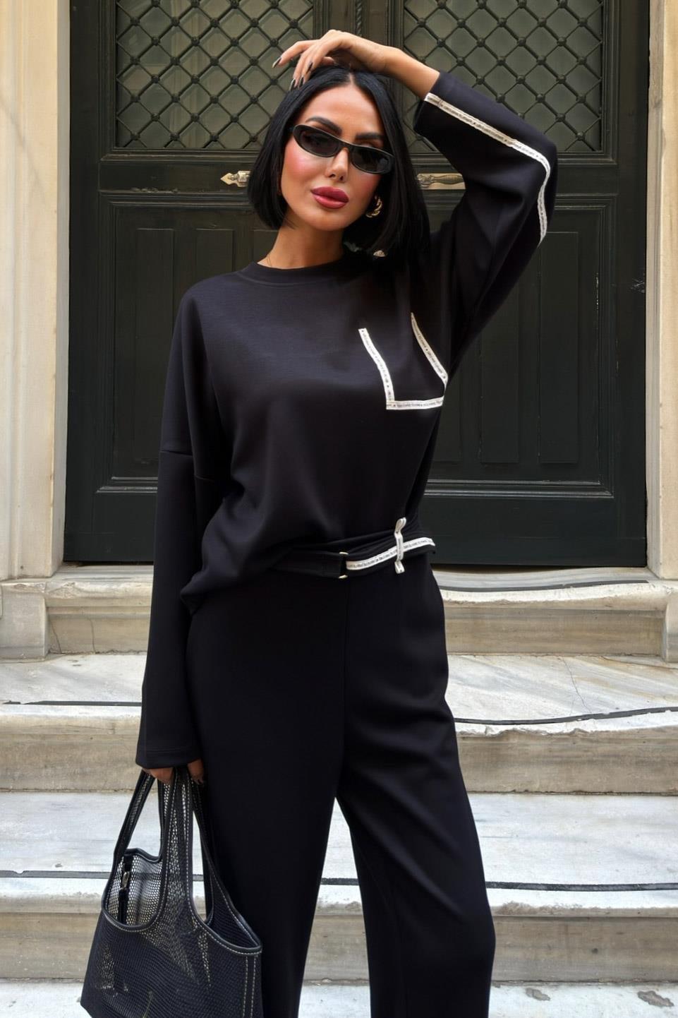 Şerit ve Beli Kemer Detaylı Modal Takım 10234 R9-D-K5