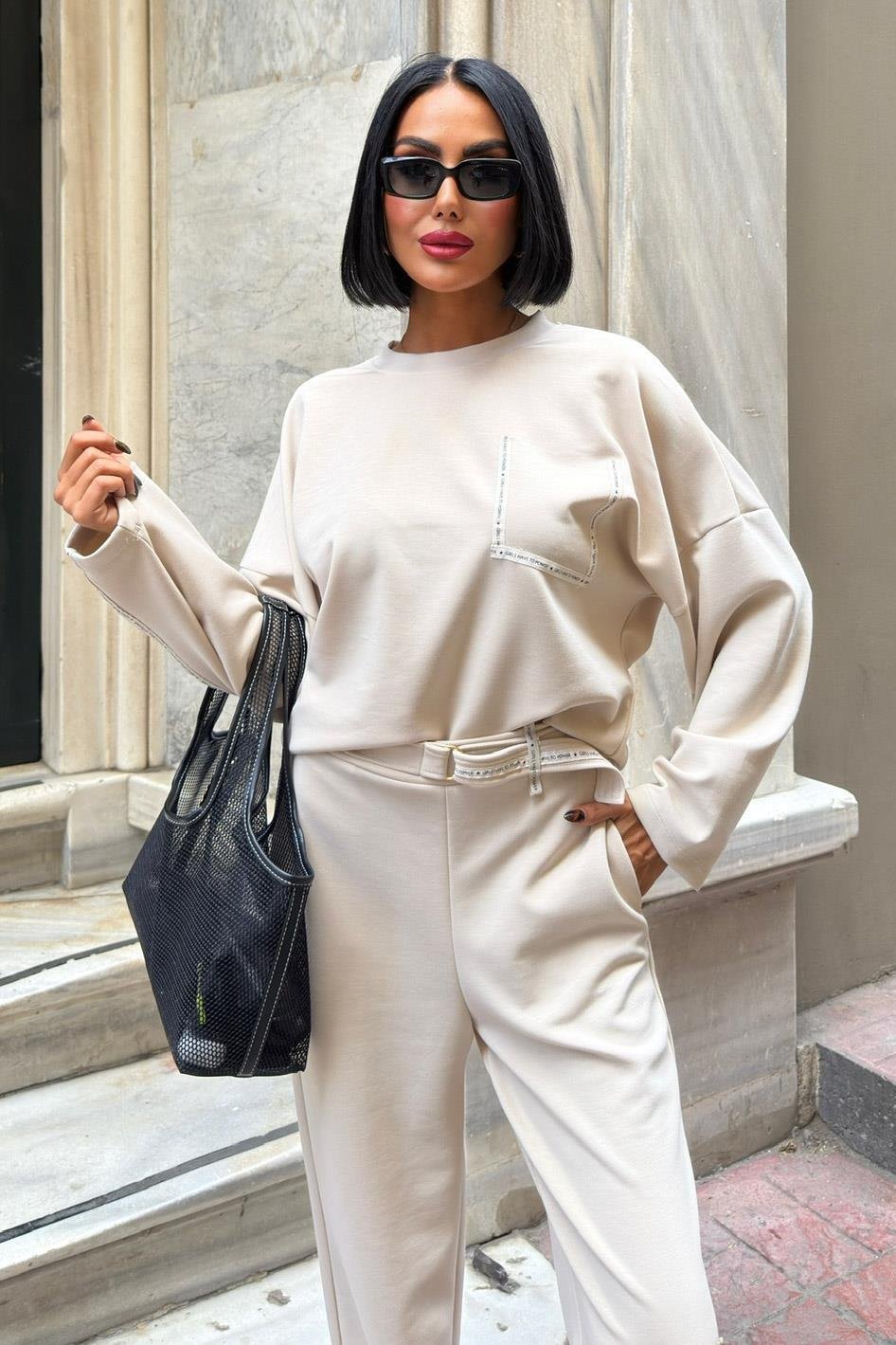 Şerit ve Beli Kemer Detaylı Modal Takım 10234 R9-D-K5