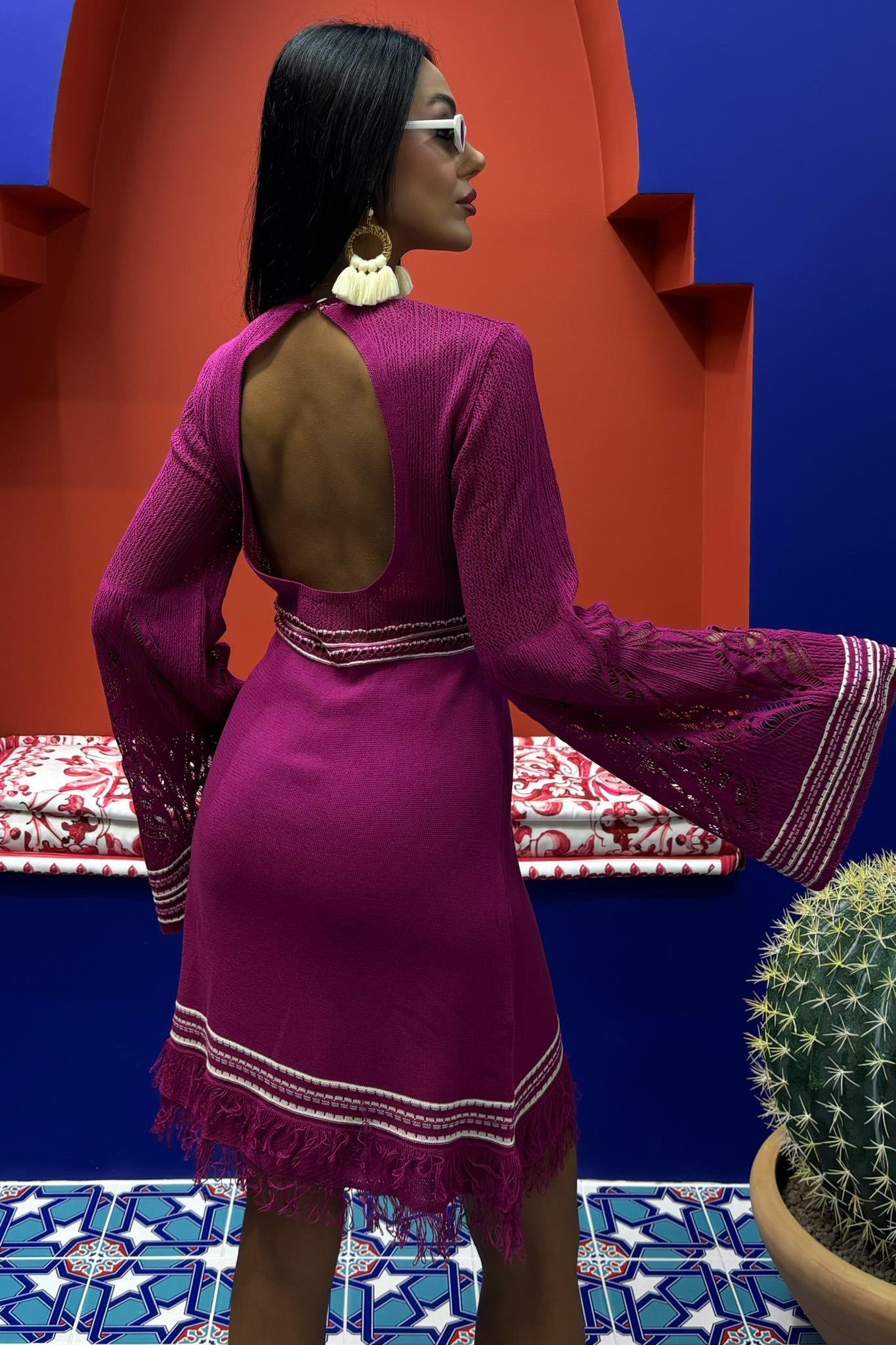 Sırt Dekolte Bağlamalı İspanyol Kol Triko Elbise 2860 R2-C-K2