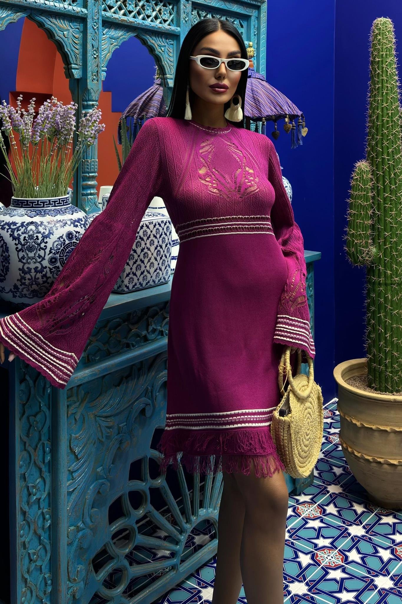 Sırt Dekolte Bağlamalı İspanyol Kol Triko Elbise 2860 R2-C-K2