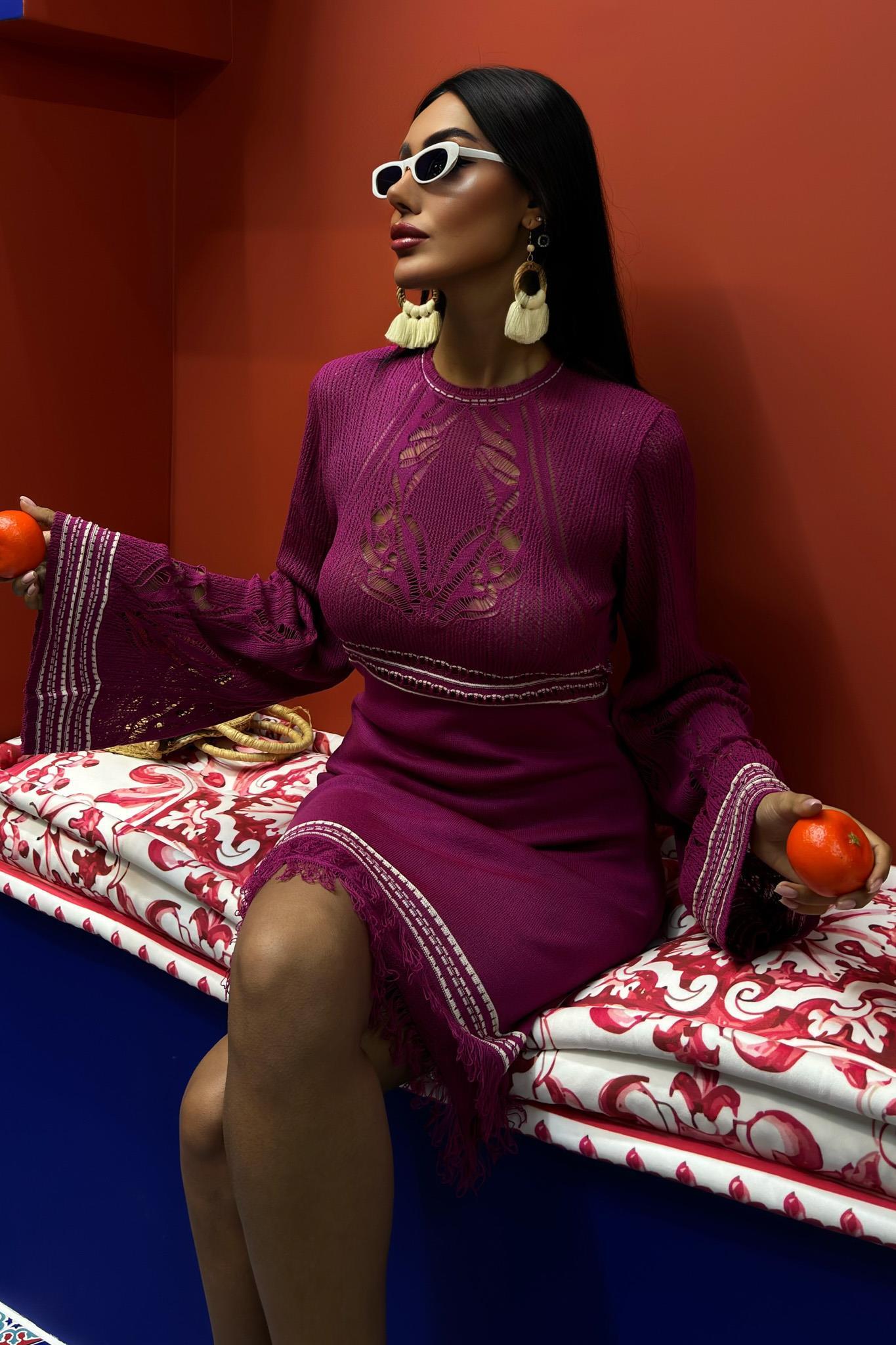 Sırt Dekolte Bağlamalı İspanyol Kol Triko Elbise 2860 R2-C-K2