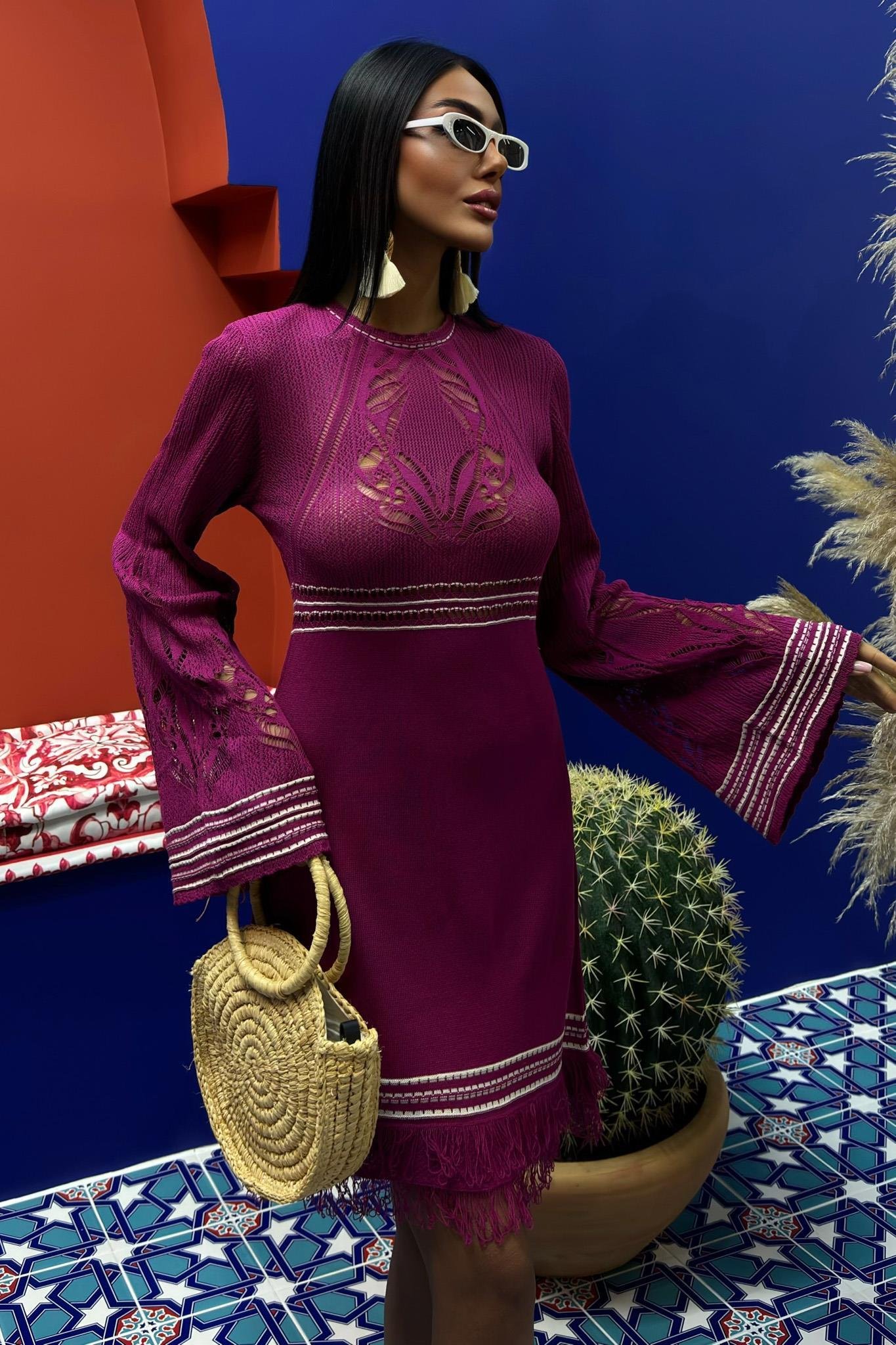 Sırt Dekolte Bağlamalı İspanyol Kol Triko Elbise 2860 R2-C-K2