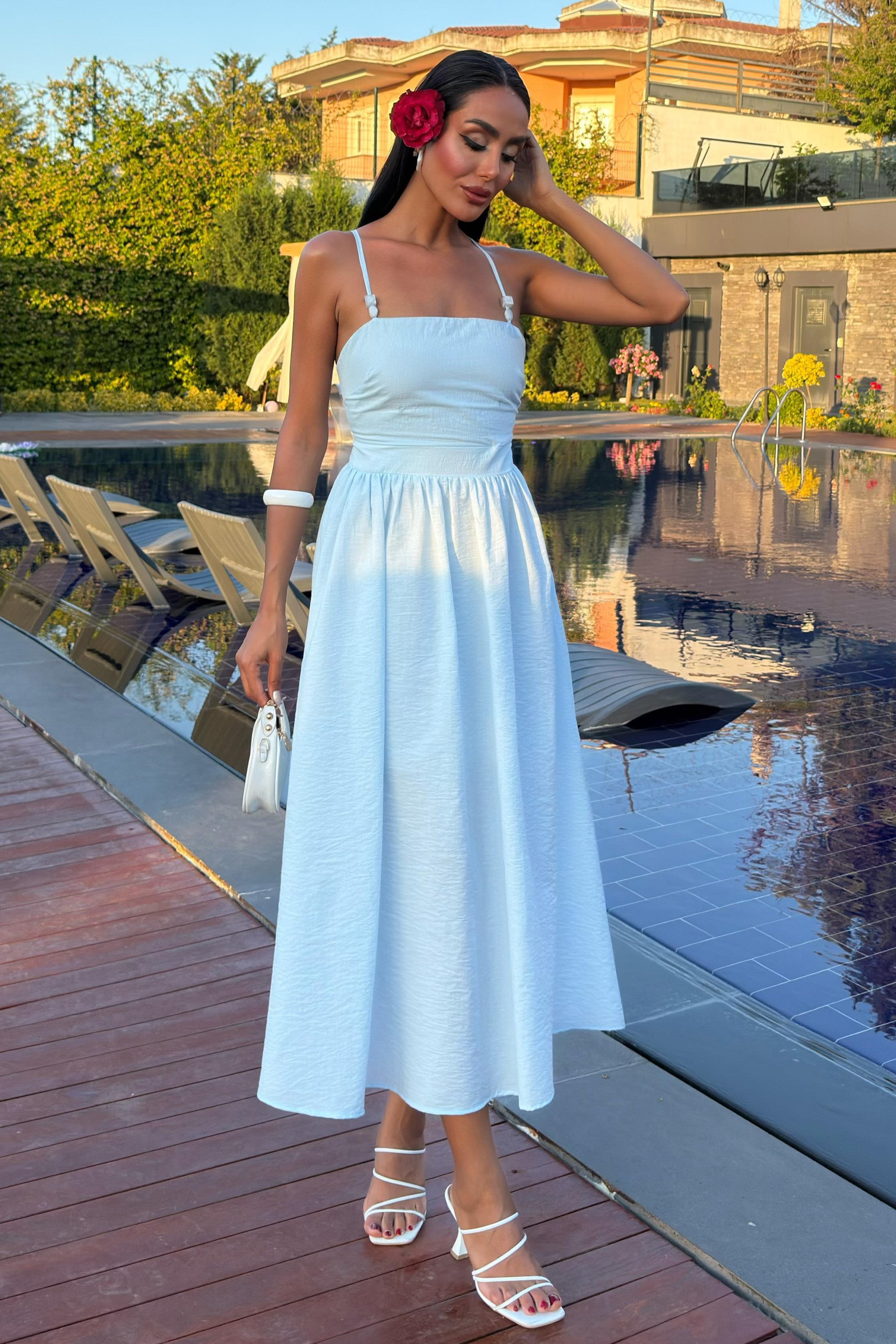 Sırtı Çapraz İpli Boncuk Detaylı Elbise 2902-08 R7-D-K2