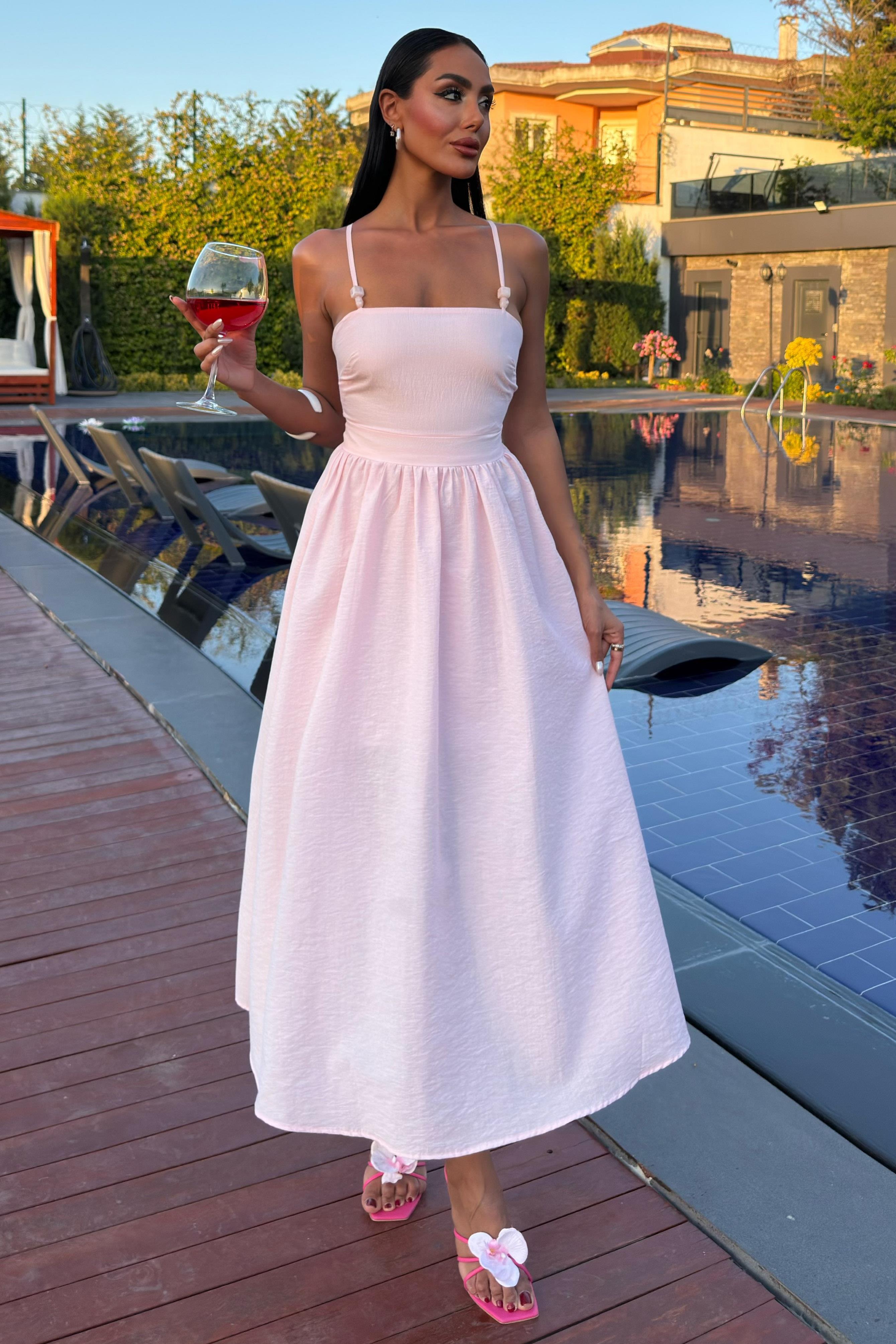 Sırtı Çapraz İpli Boncuk Detaylı Elbise 2902-08 R7-D-K2