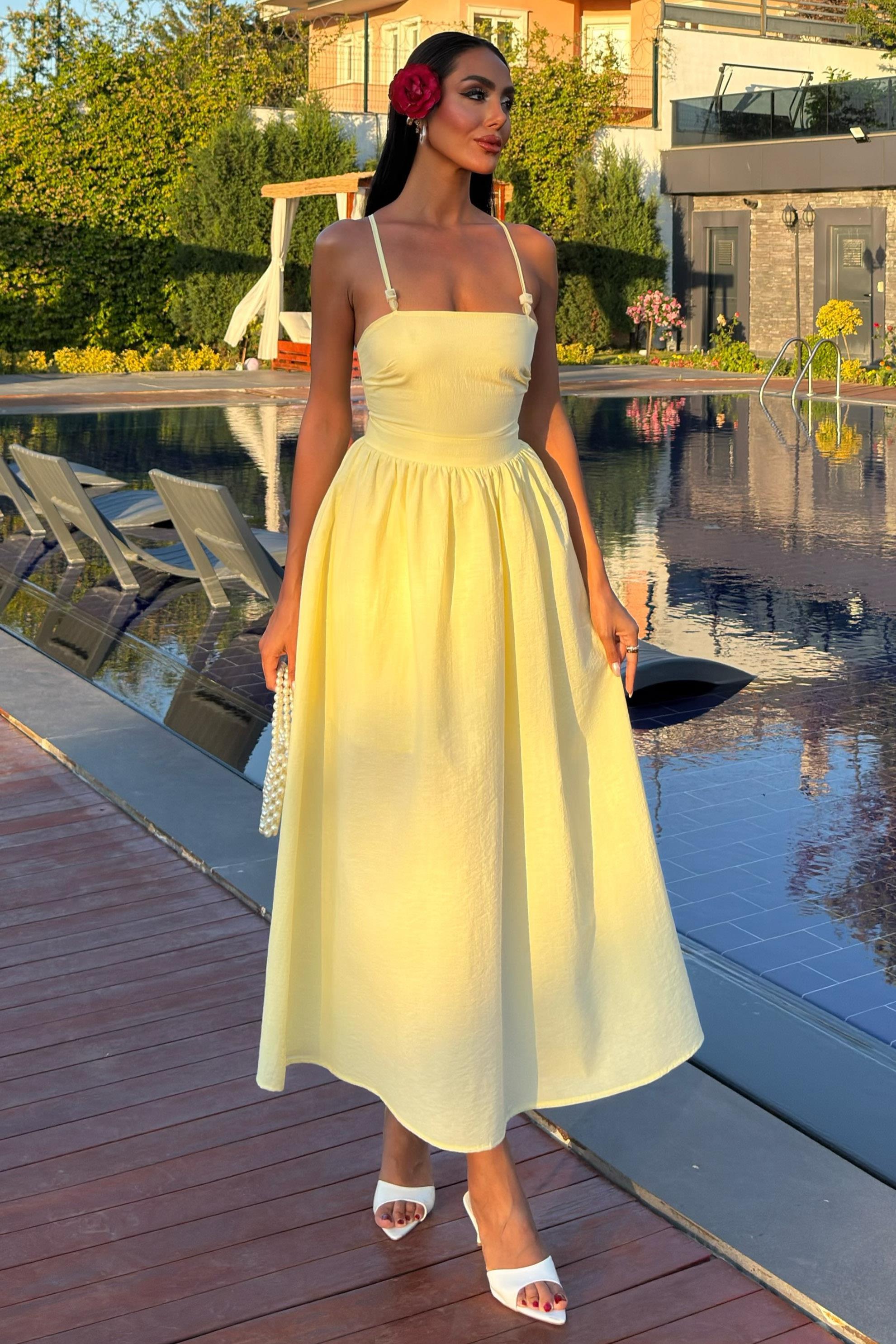 Sırtı Çapraz İpli Boncuk Detaylı Elbise 2902-08 R7-D-K2