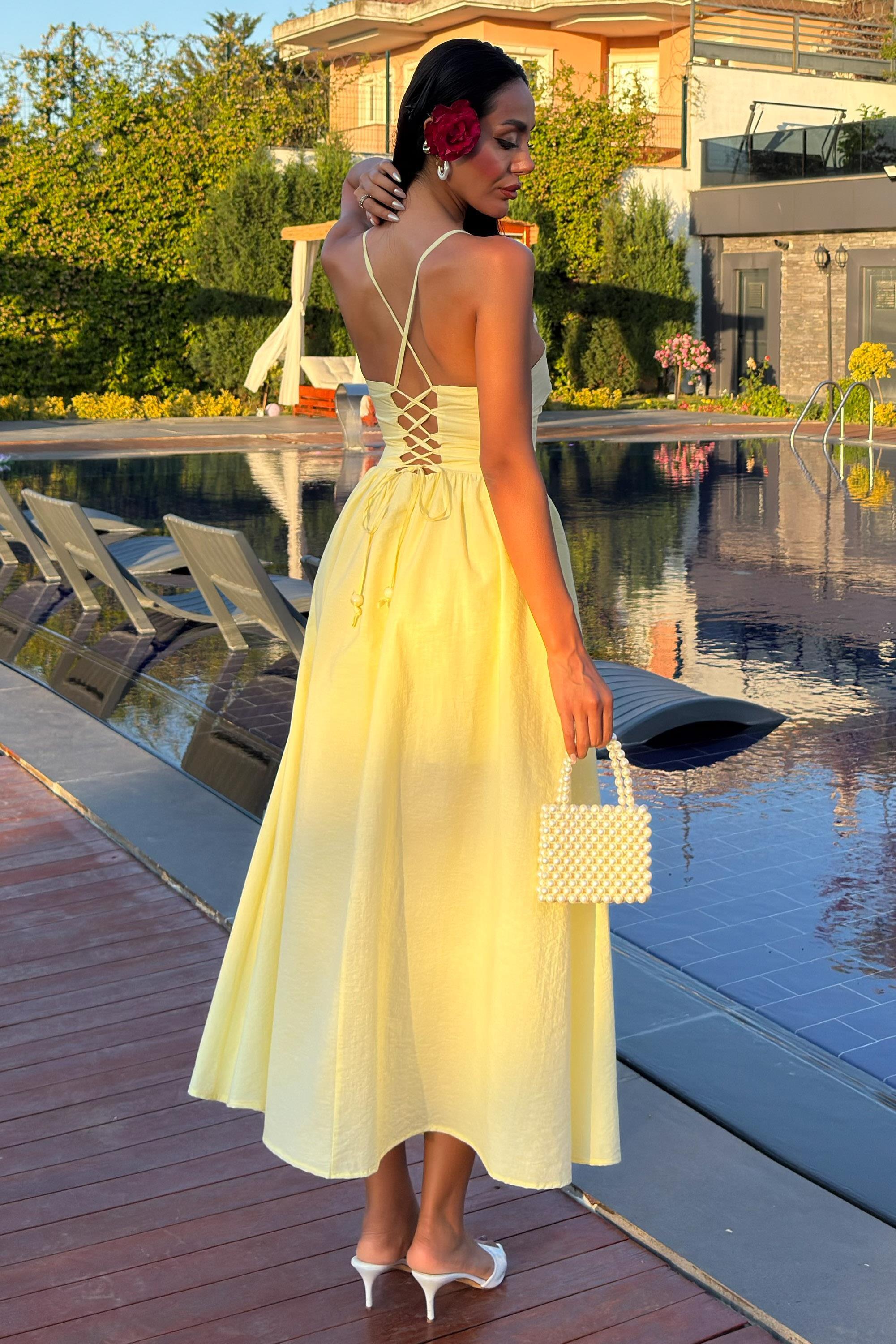 Sırtı Çapraz İpli Boncuk Detaylı Elbise 2902-08 R7-D-K2