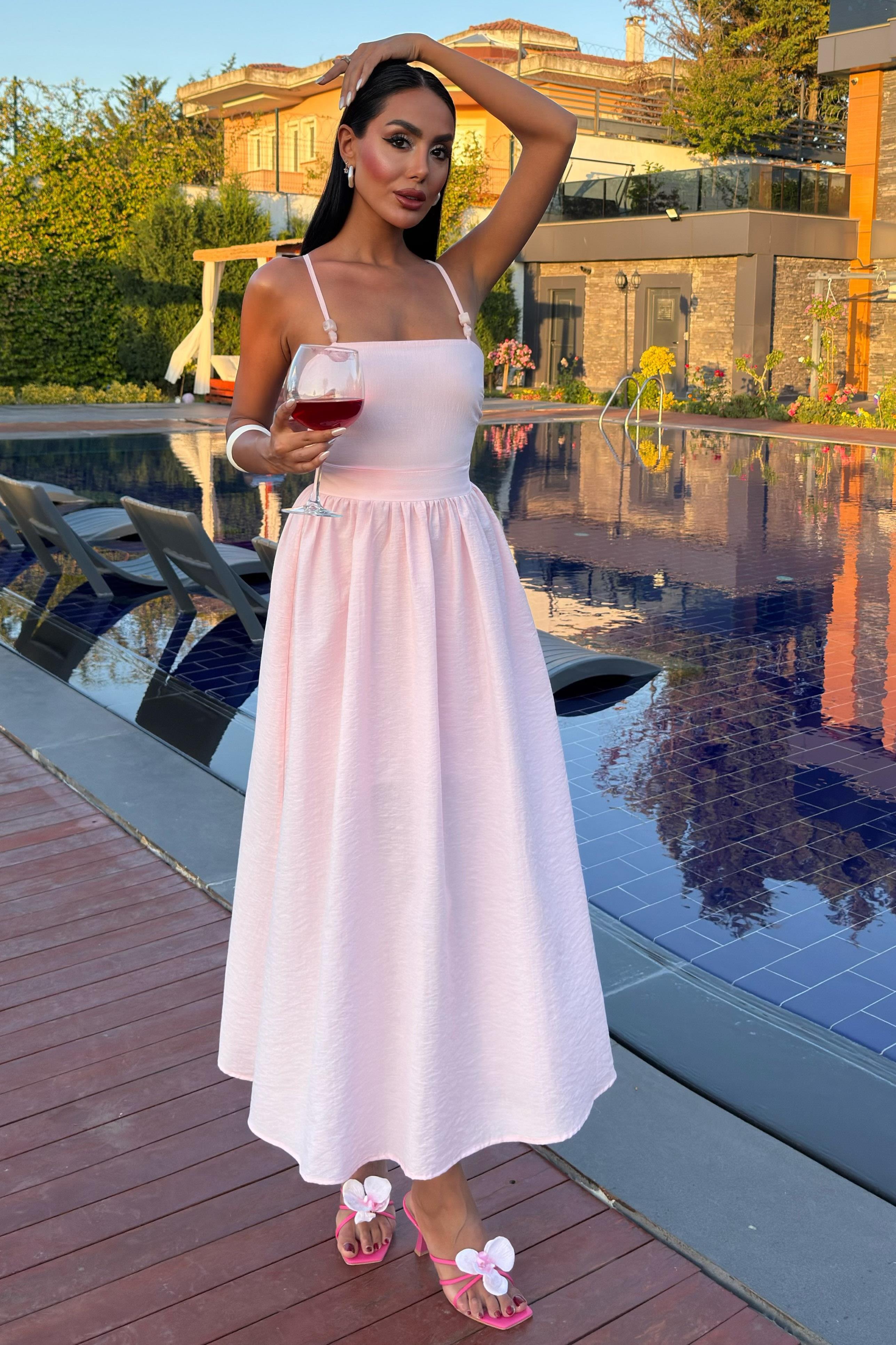 Sırtı Çapraz İpli Boncuk Detaylı Elbise 2902-08 R7-D-K2