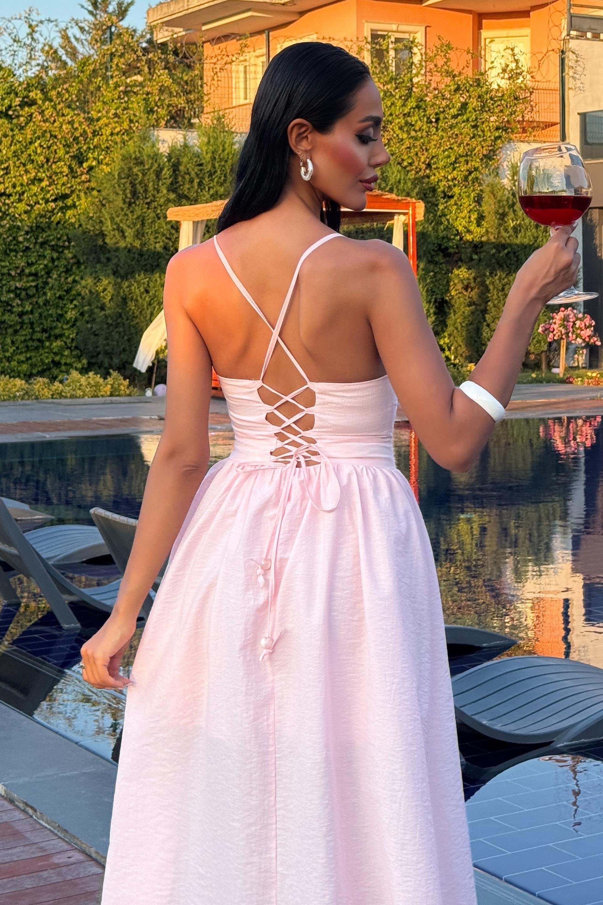 Sırtı Çapraz İpli Boncuk Detaylı Elbise 2902-08 R7-D-K2