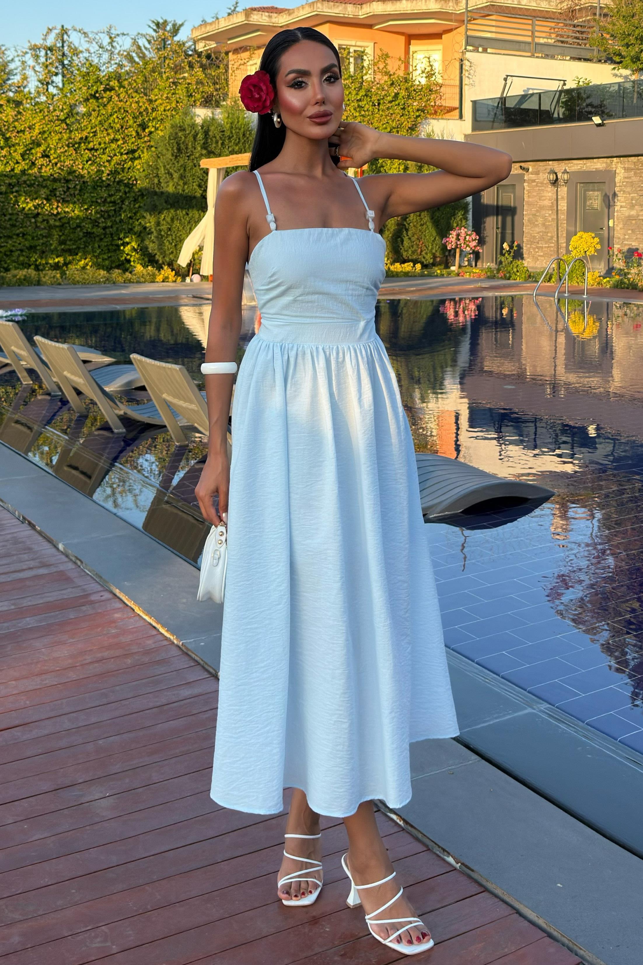 Sırtı Çapraz İpli Boncuk Detaylı Elbise 2902-08 R7-D-K2