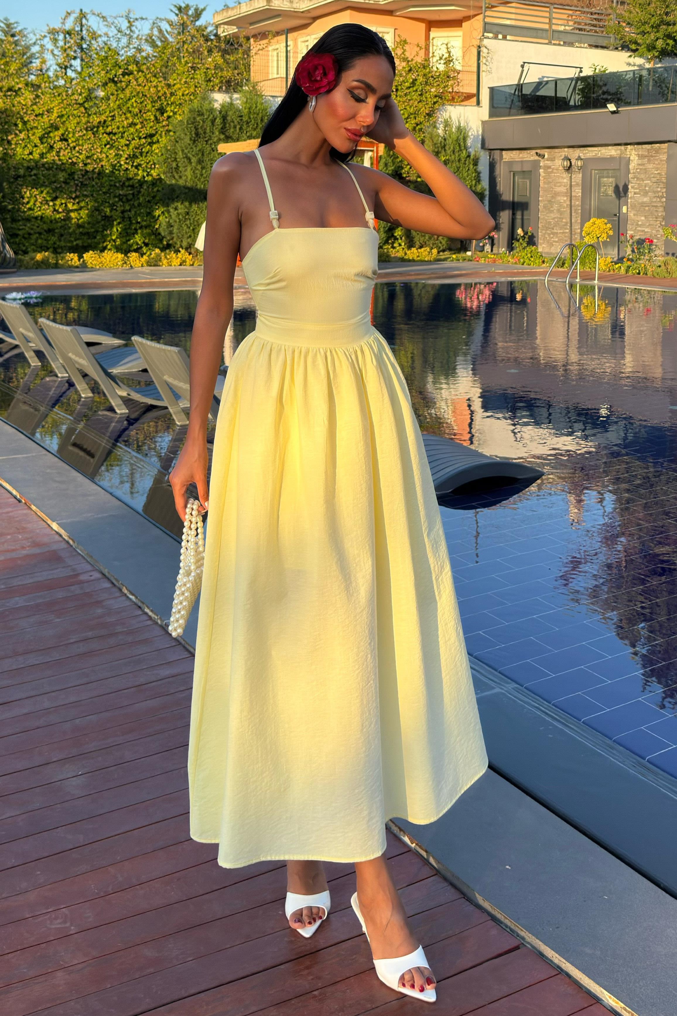 Sırtı Çapraz İpli Boncuk Detaylı Elbise 2902-08 R7-D-K2