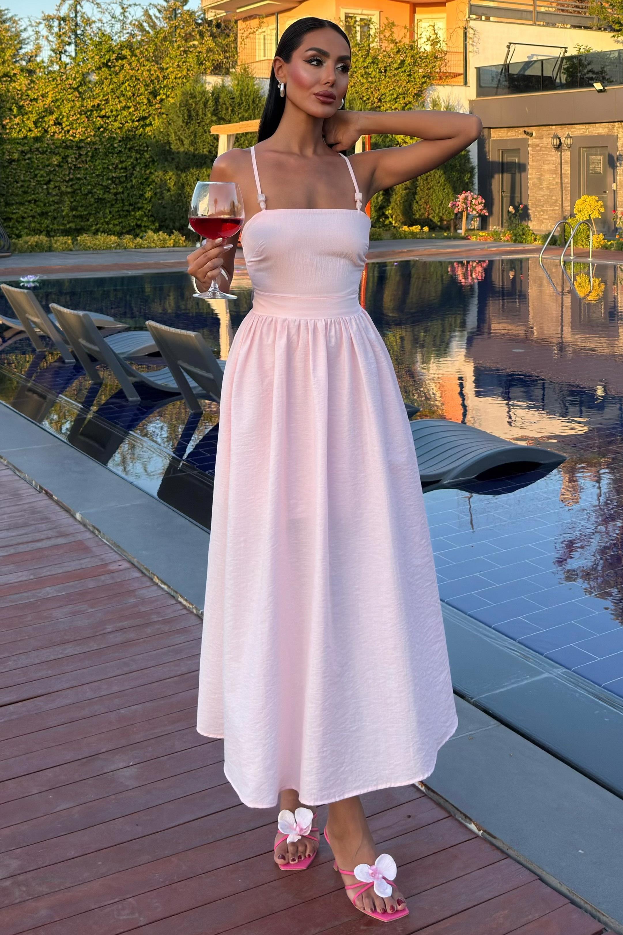 Sırtı Çapraz İpli Boncuk Detaylı Elbise 2902-08 R7-D-K2