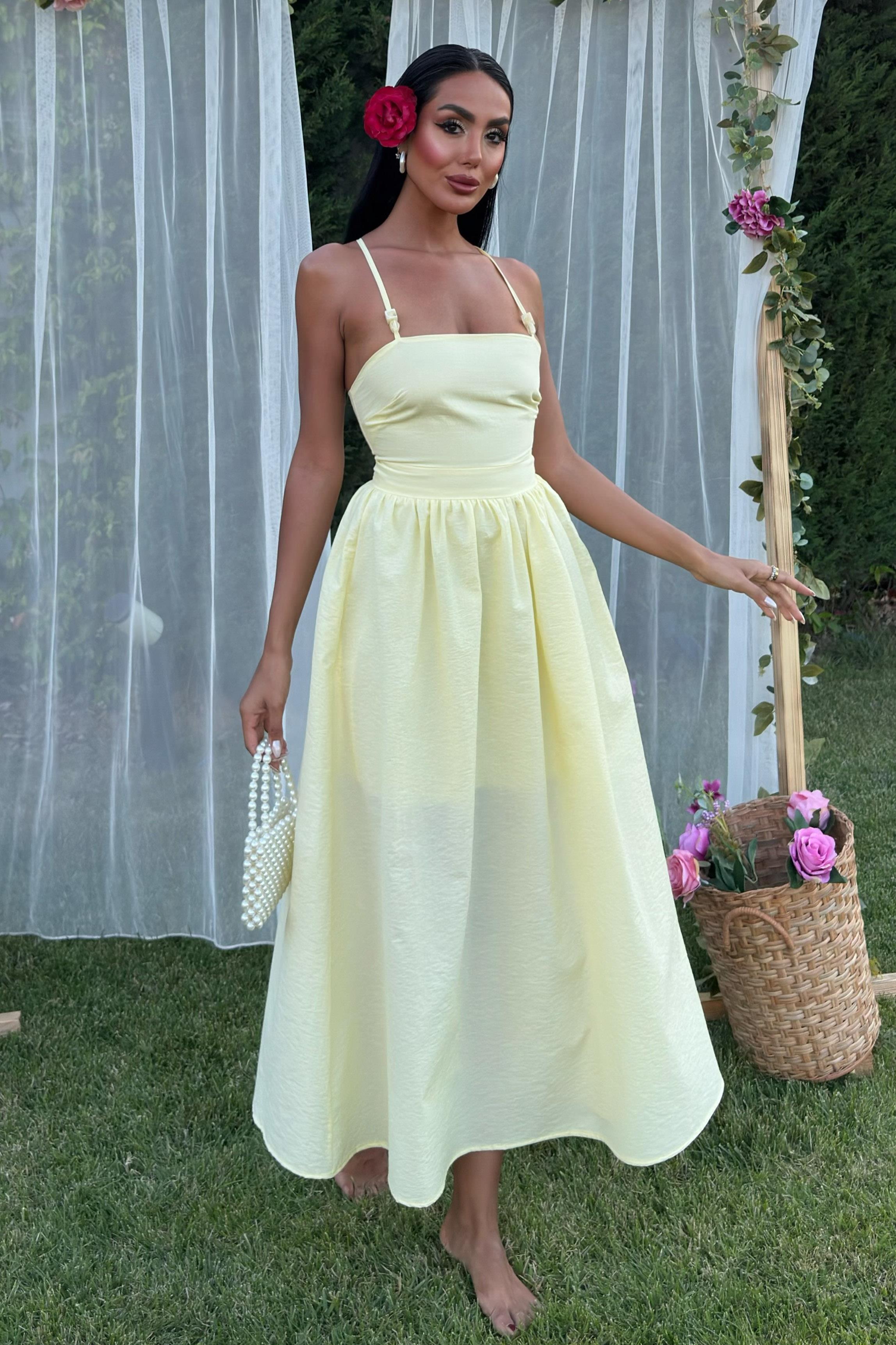 Sırtı Çapraz İpli Boncuk Detaylı Elbise 2902-08 R7-D-K2