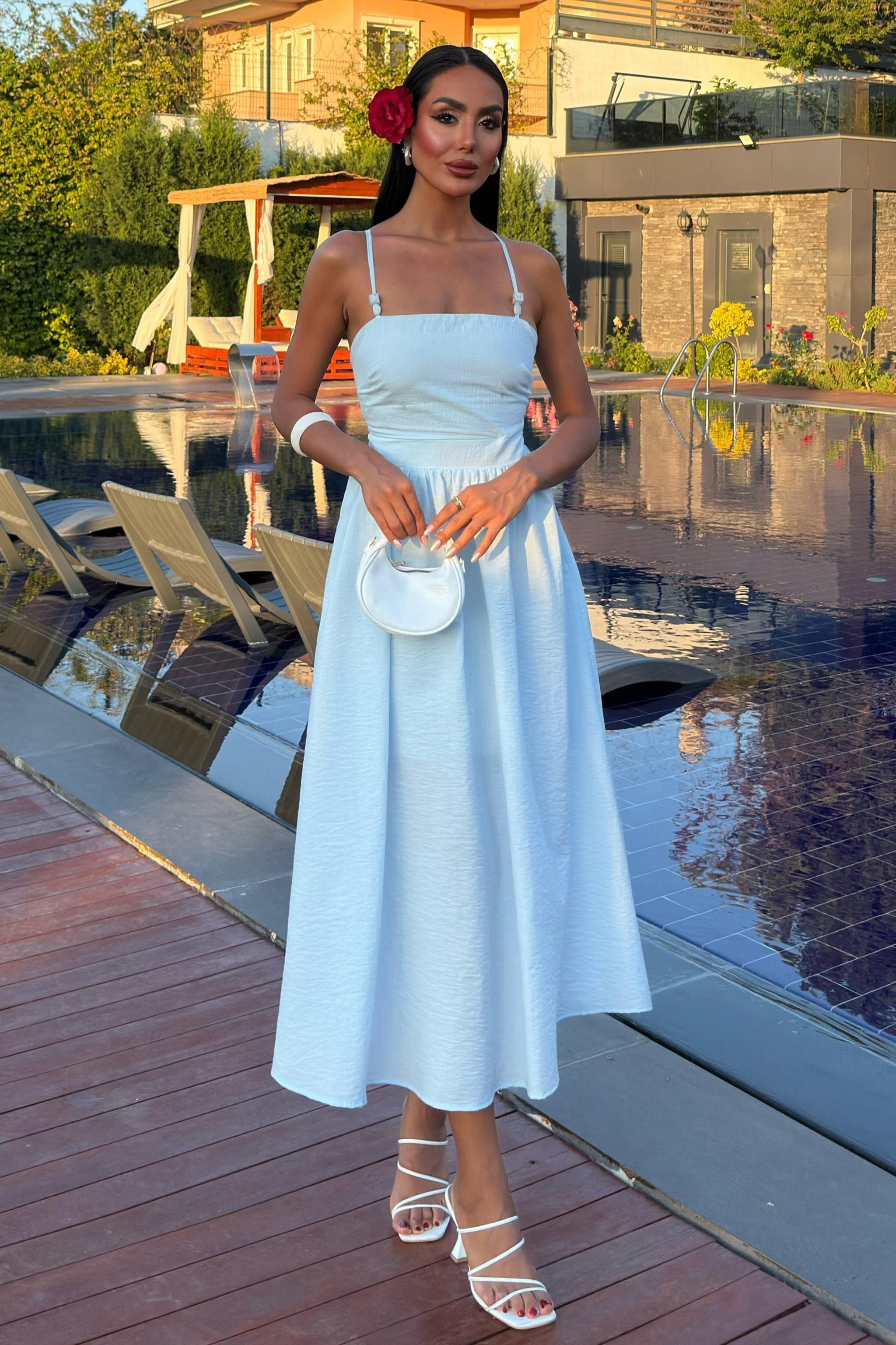 Sırtı Çapraz İpli Boncuk Detaylı Elbise 2902-08 R7-D-K2