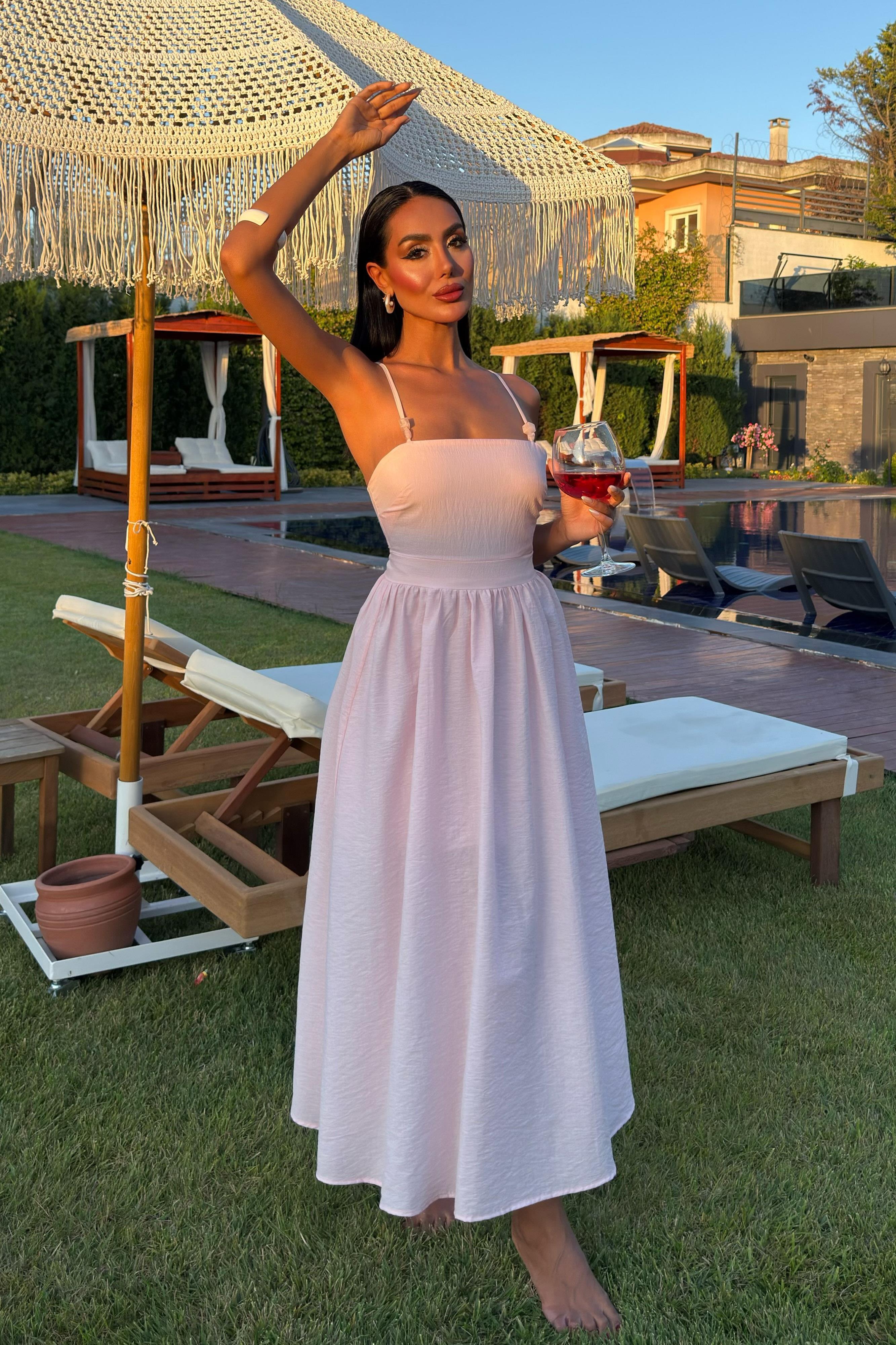 Sırtı Çapraz İpli Boncuk Detaylı Elbise 2902-08 R7-D-K2