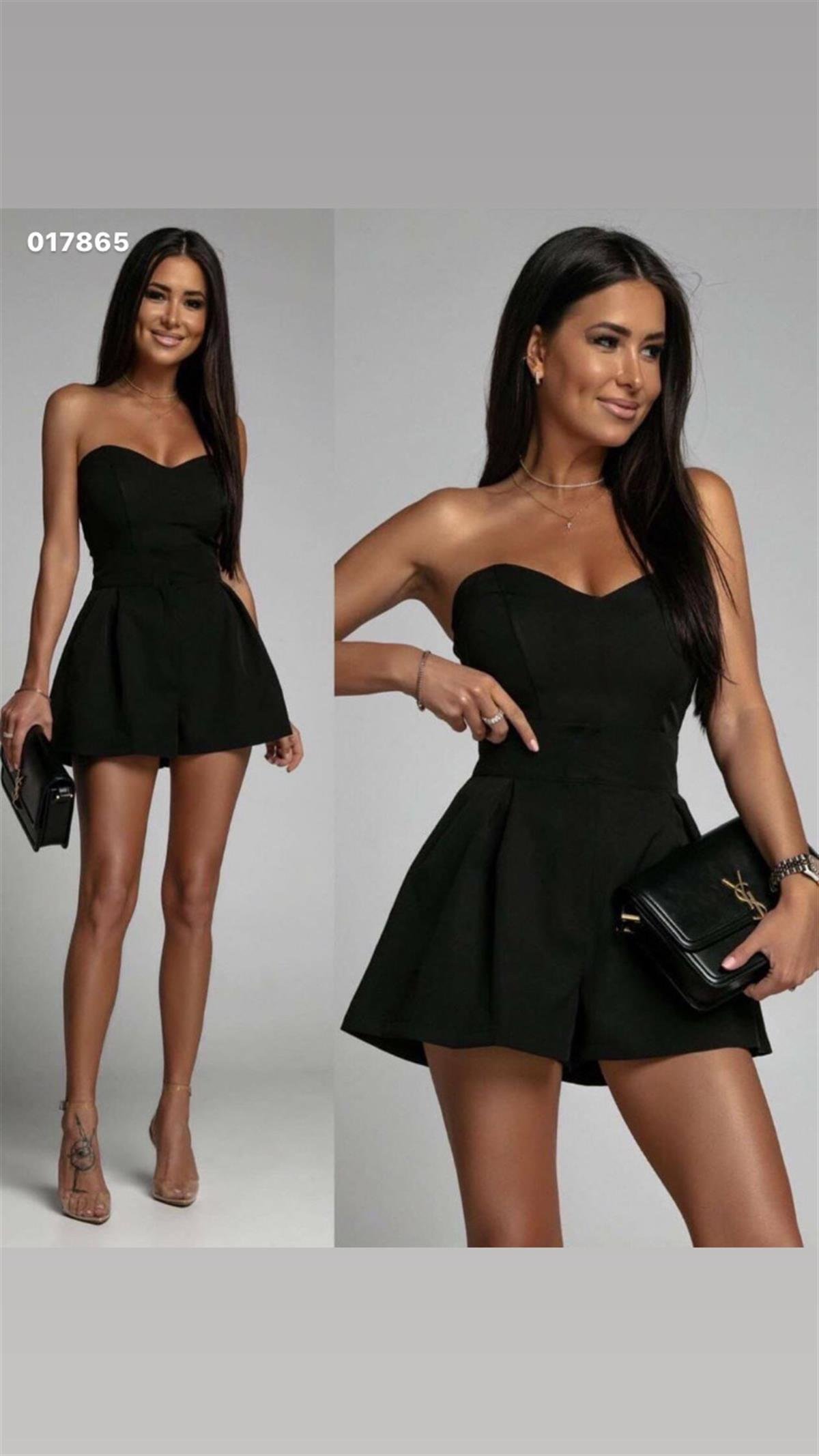 SİYAH Dabıl Crep kumaş şortlu straplez tulum