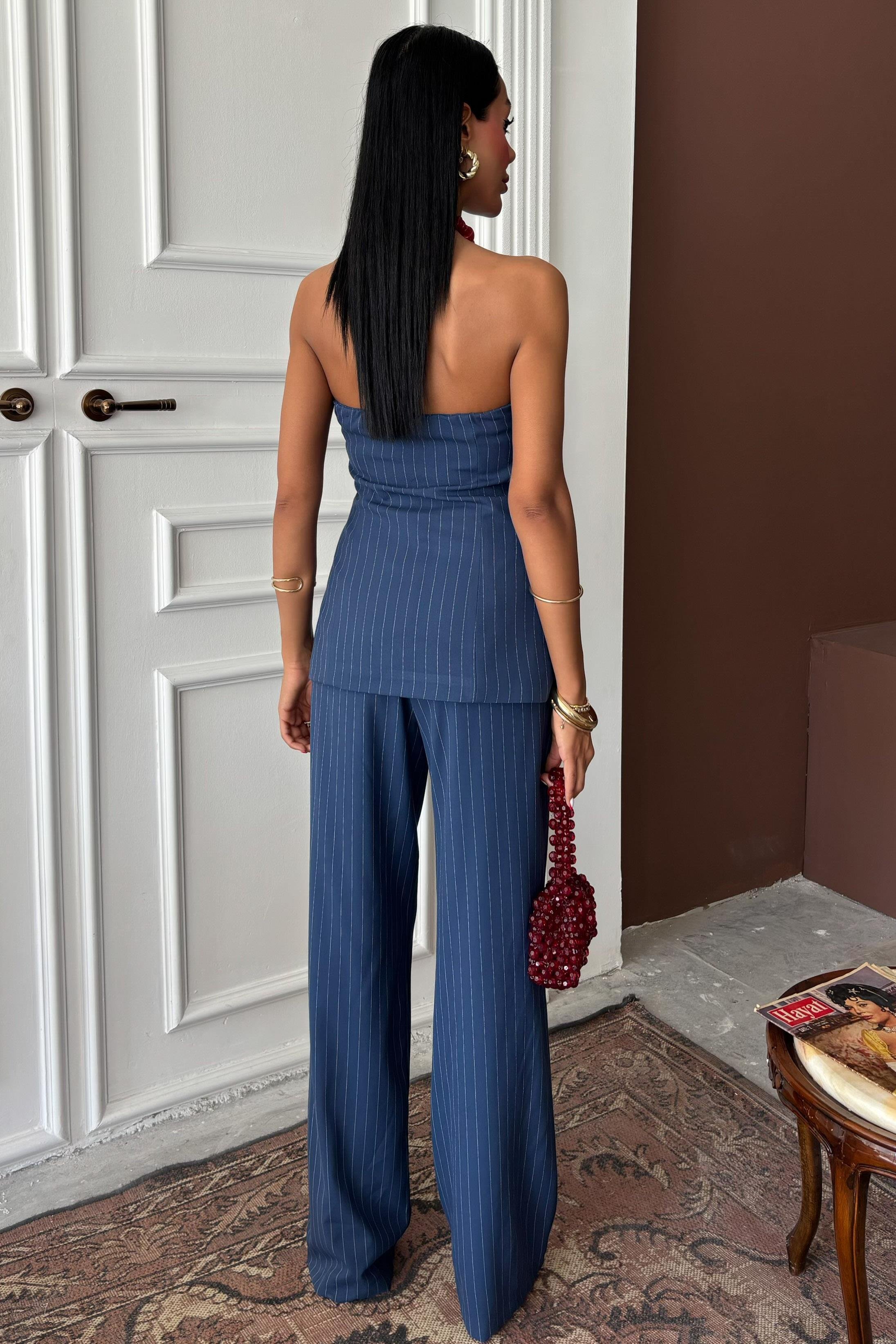Straplez Büstiyerli Plazzo Pantolonlu Çizgili Takım 10151